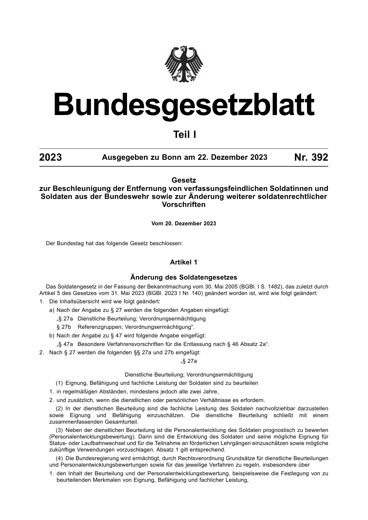 BGBl. 2023, Seite 1 — Originalseite als Abbildung