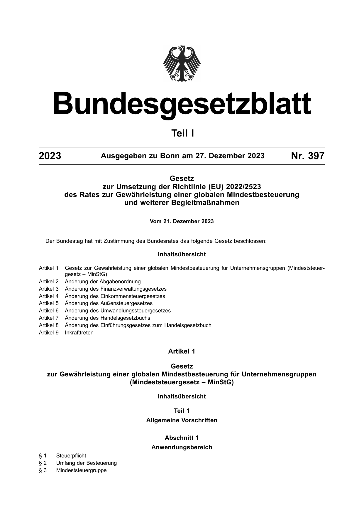 BGBl. 2023, Seite 1 — Originalseite als Abbildung