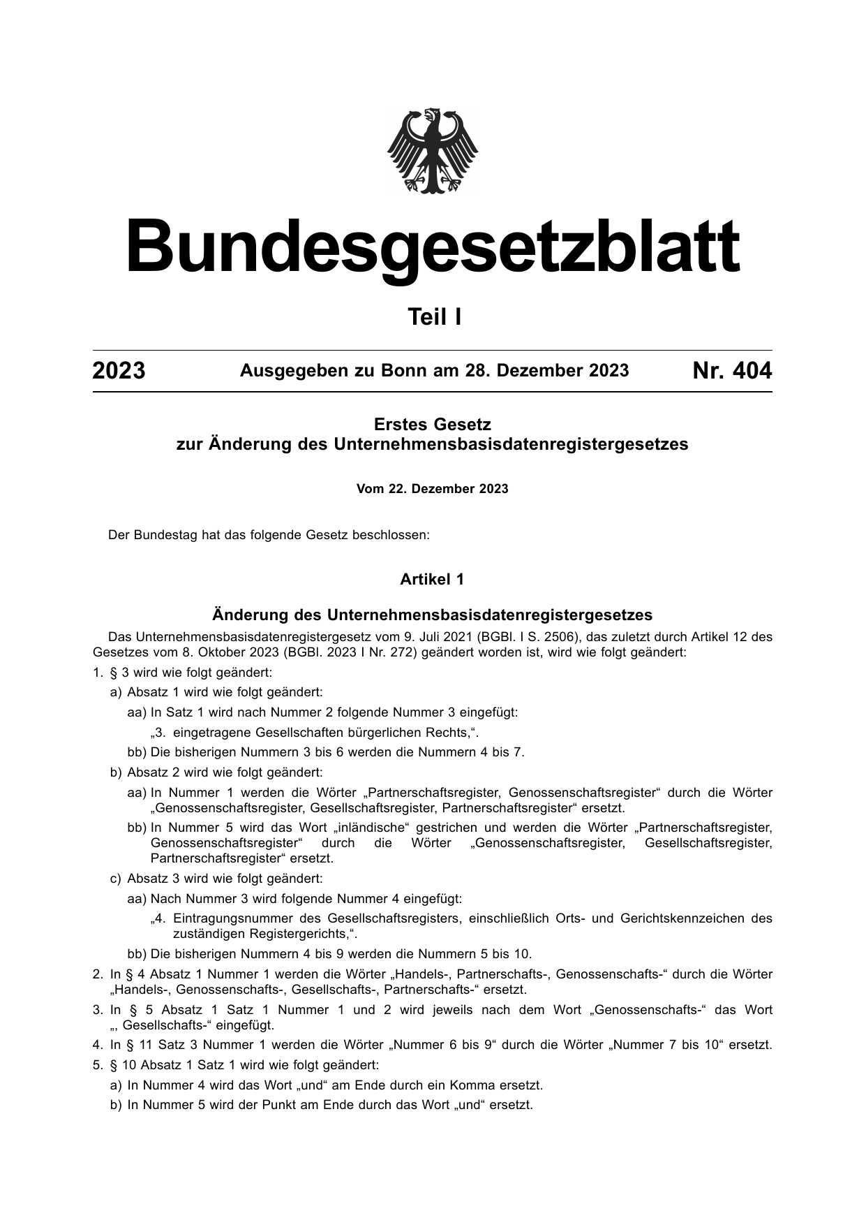 BGBl. 2023, Seite 1 — Originalseite als Abbildung
