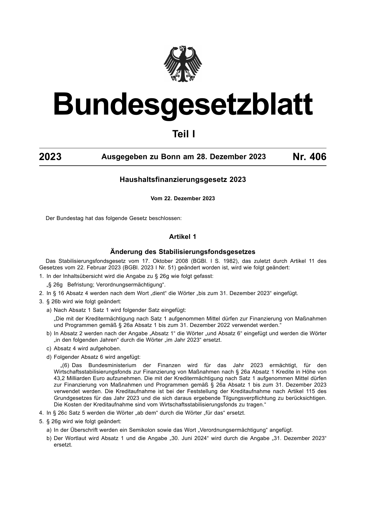 BGBl. 2023, Seite 1 — Originalseite als Abbildung