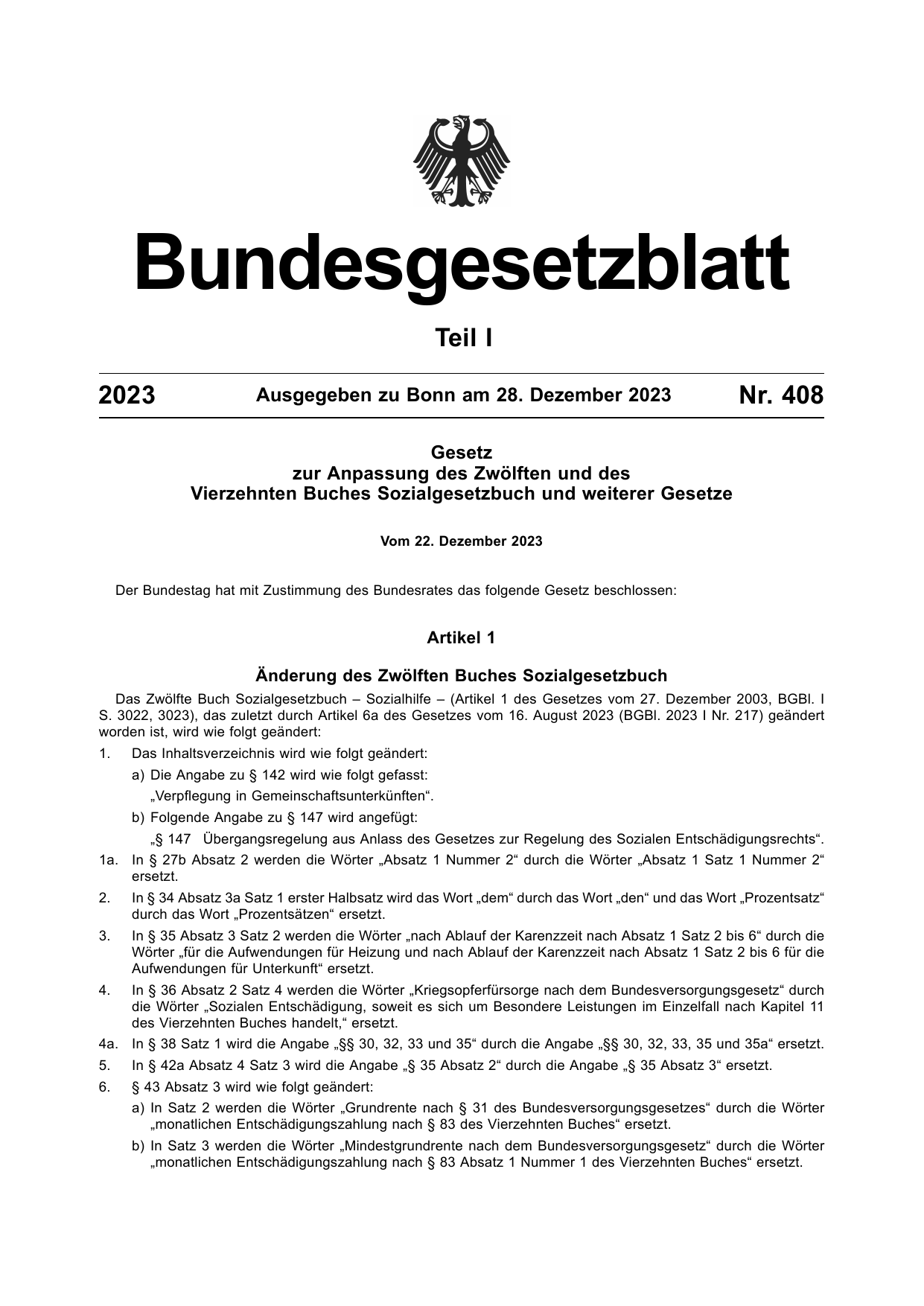 BGBl. 2023, Seite 1 — Originalseite als Abbildung