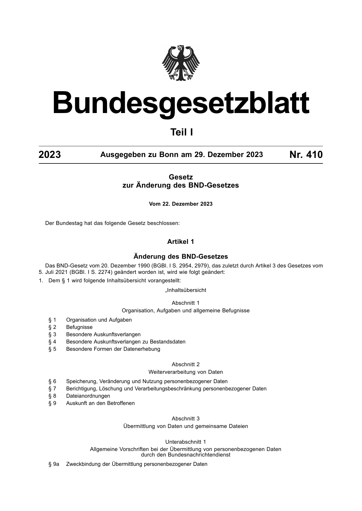BGBl. 2023, Seite 1 — Originalseite als Abbildung