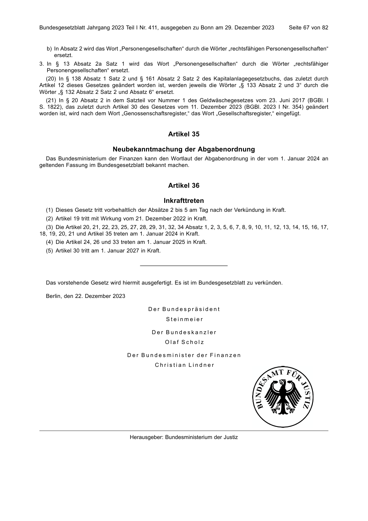 BGBl. 2023, Seite 67 — Originalseite als Abbildung