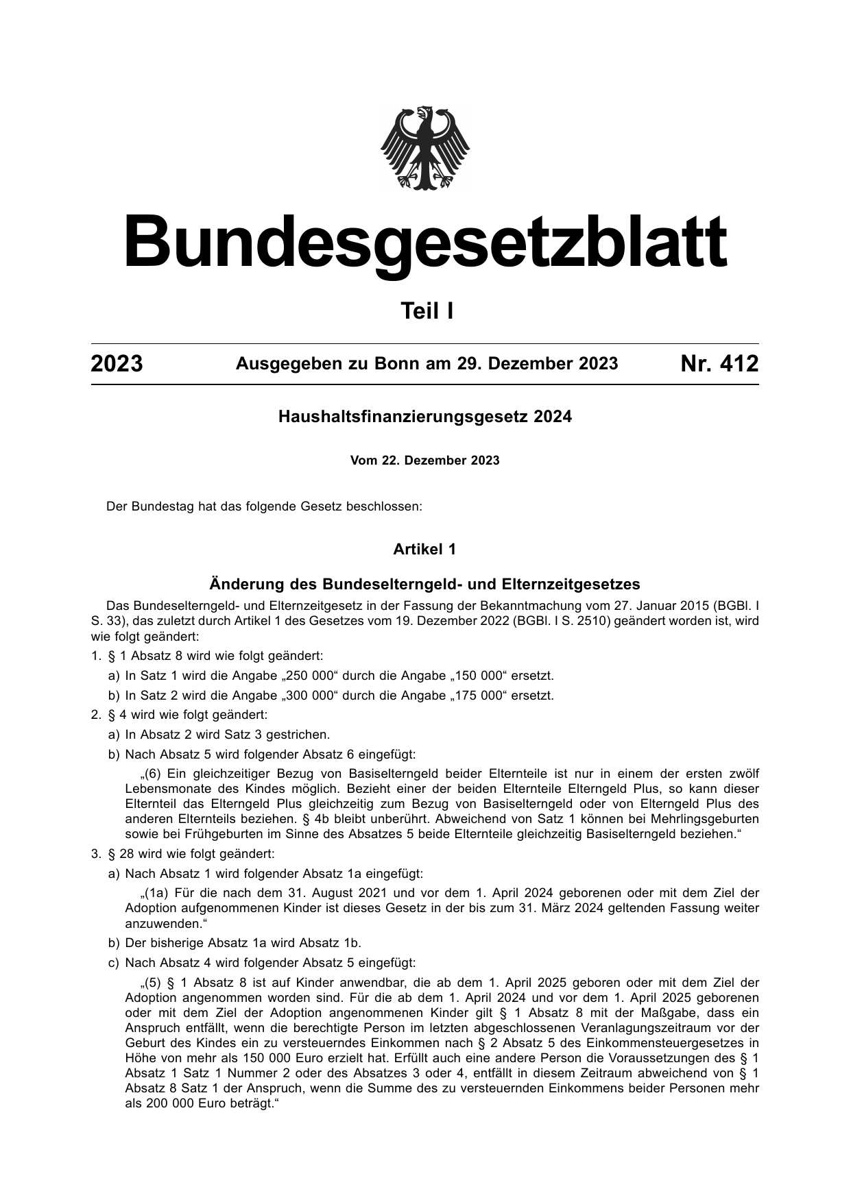 BGBl. 2023, Seite 1 — Originalseite als Abbildung