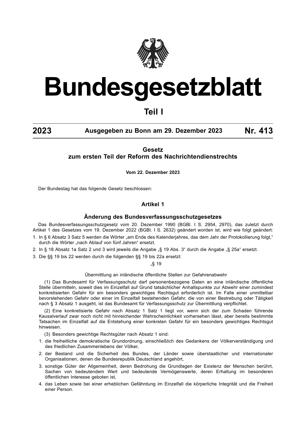 BGBl. 2023, Seite 1 — Originalseite als Abbildung