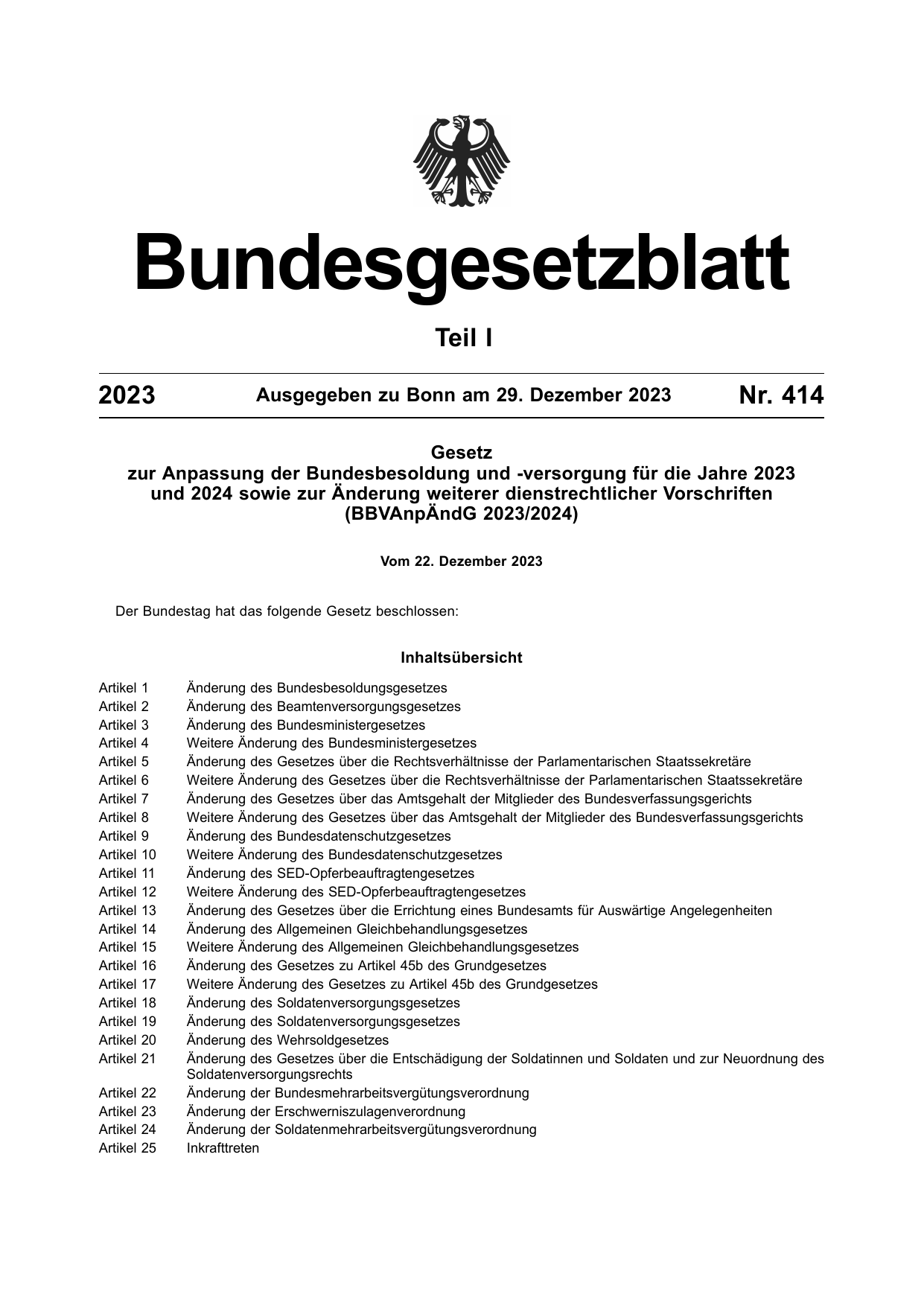 BGBl. 2023, Seite 1 — Originalseite als Abbildung