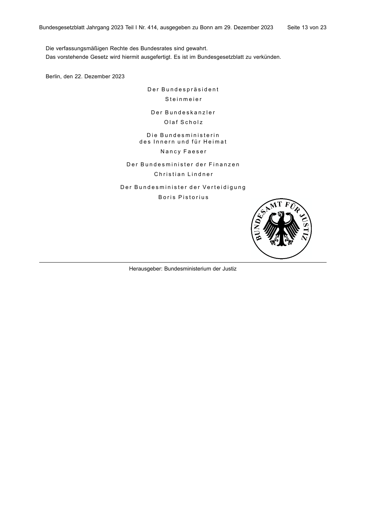 BGBl. 2023, Seite 13 — Originalseite als Abbildung