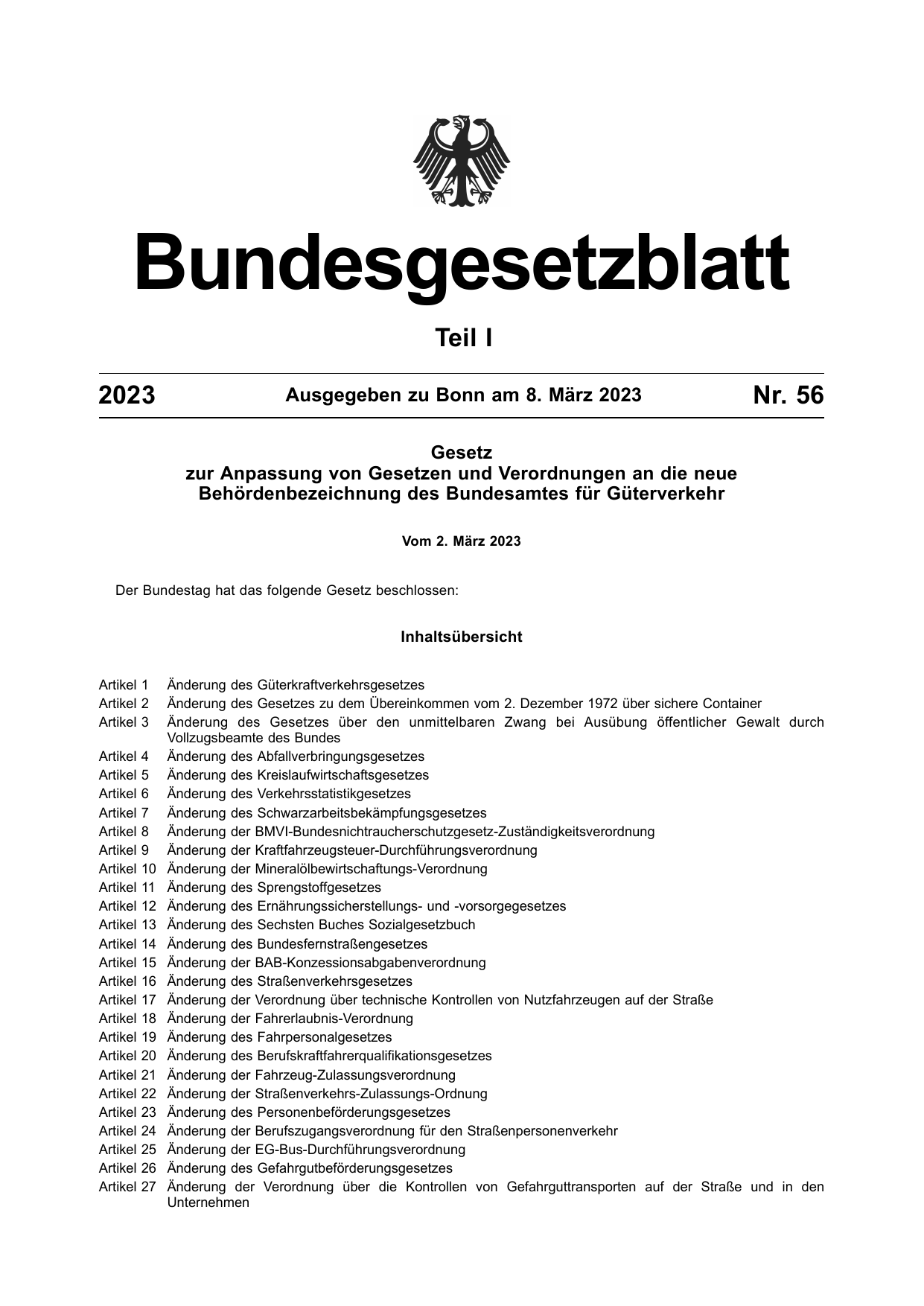 BGBl. 2023, Seite 1 — Originalseite als Abbildung