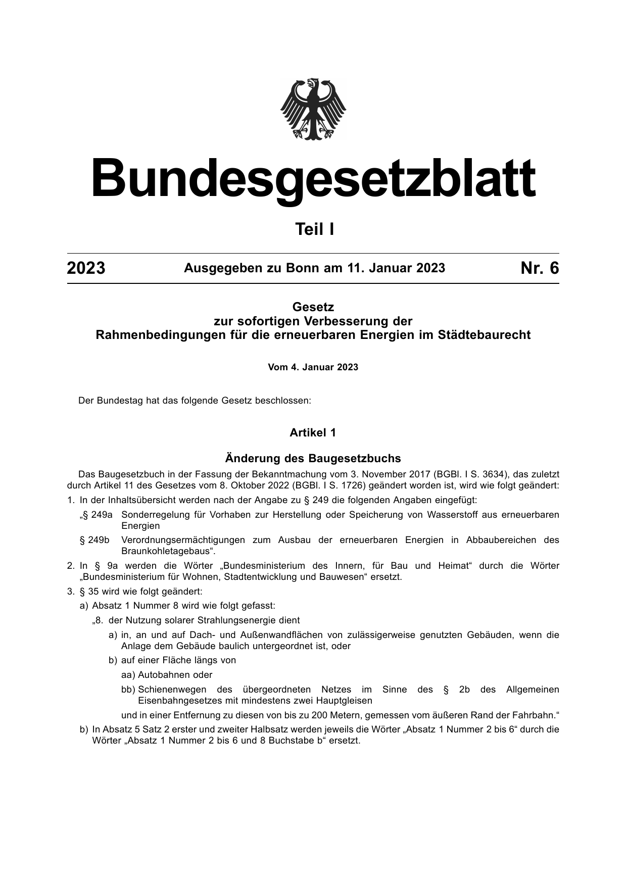 BGBl. 2023, Seite 1 — Originalseite als Abbildung