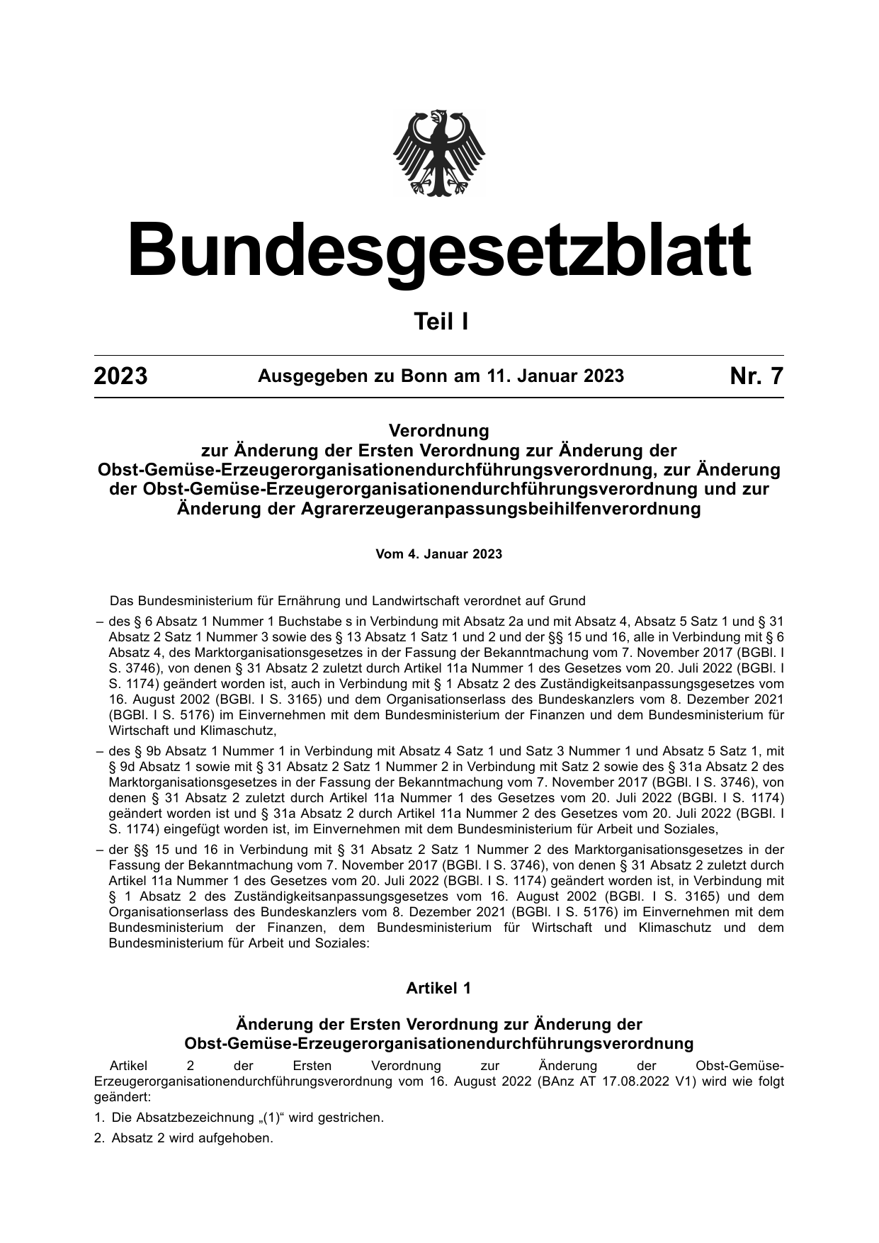 BGBl. 2023, Seite 1 — Originalseite als Abbildung