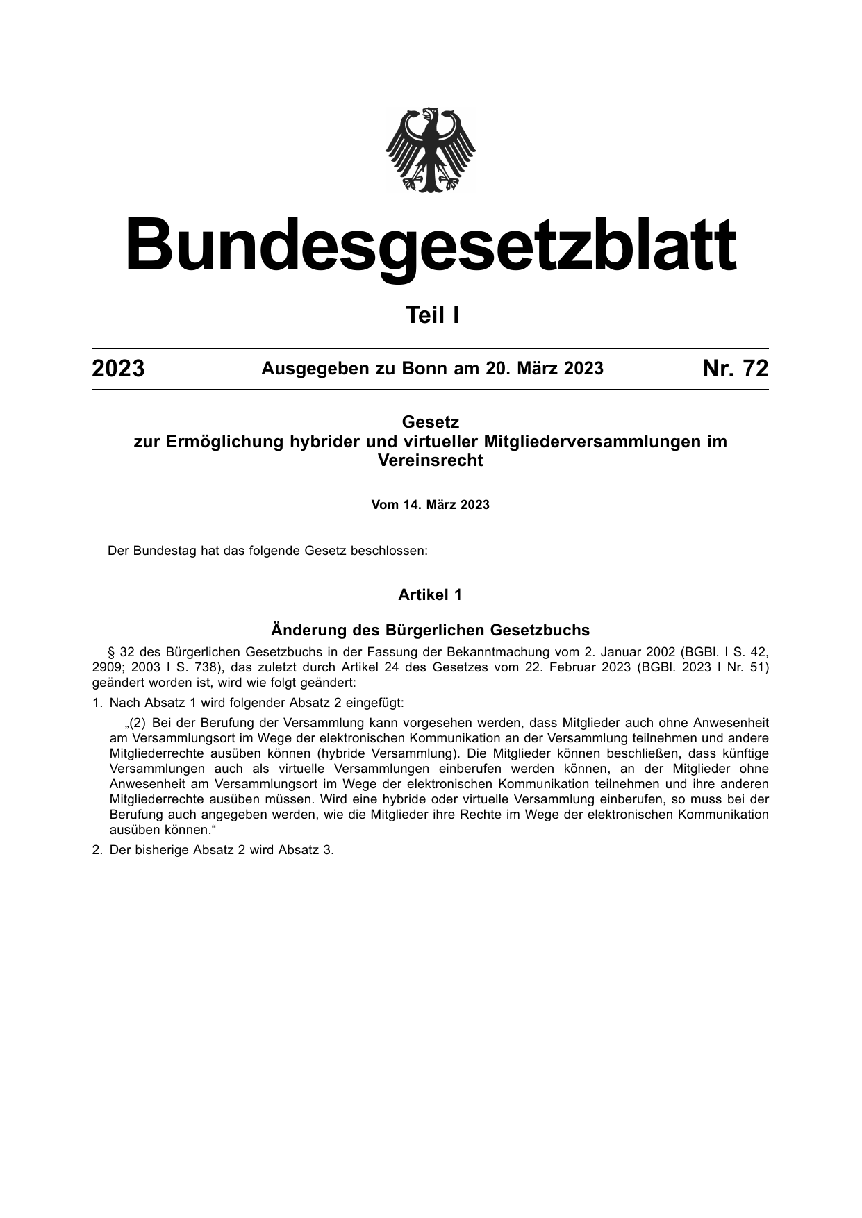 BGBl. 2023, Seite 1 — Originalseite als Abbildung