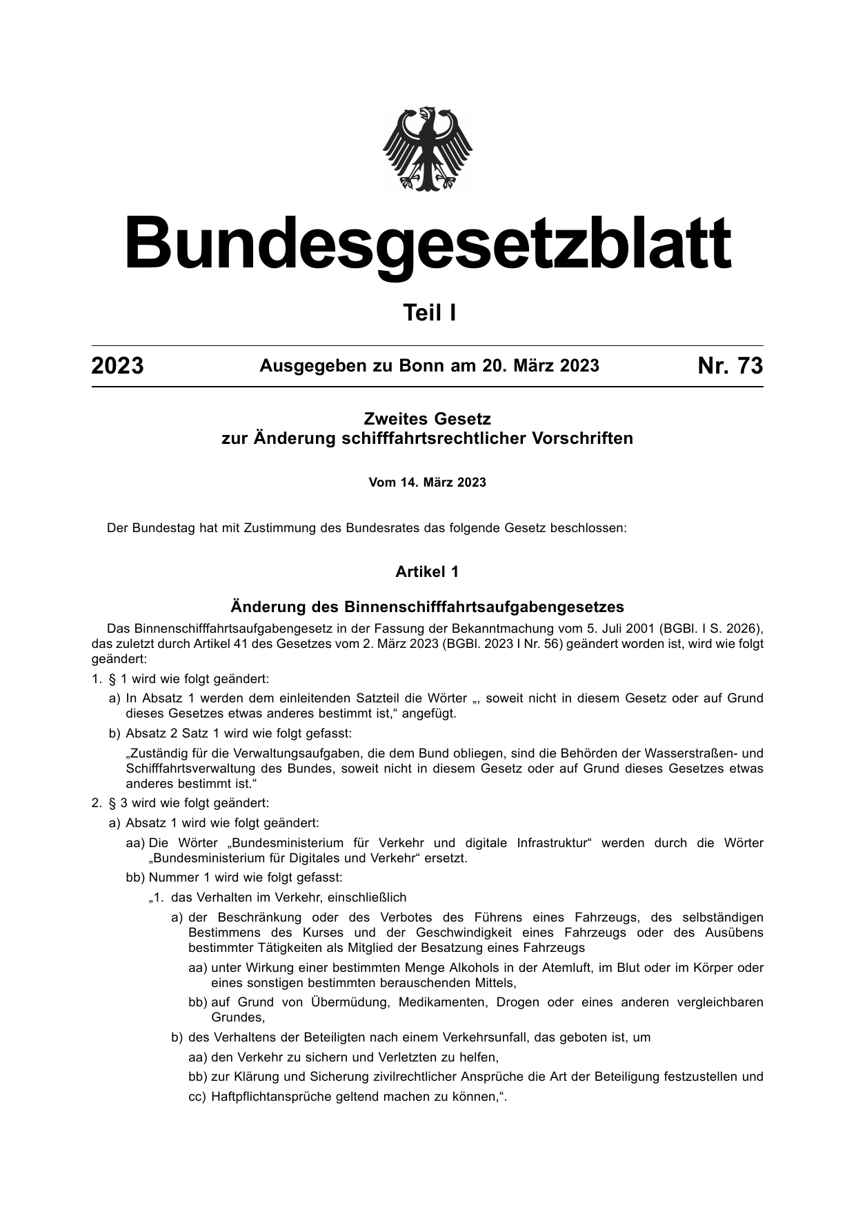 BGBl. 2023, Seite 1 — Originalseite als Abbildung