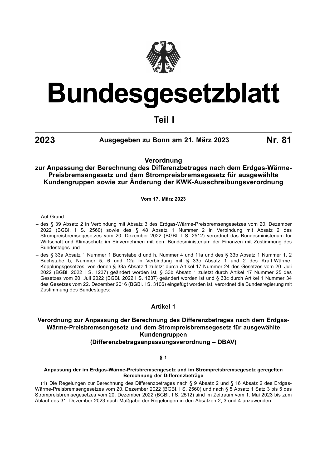 BGBl. 2023, Seite 1 — Originalseite als Abbildung