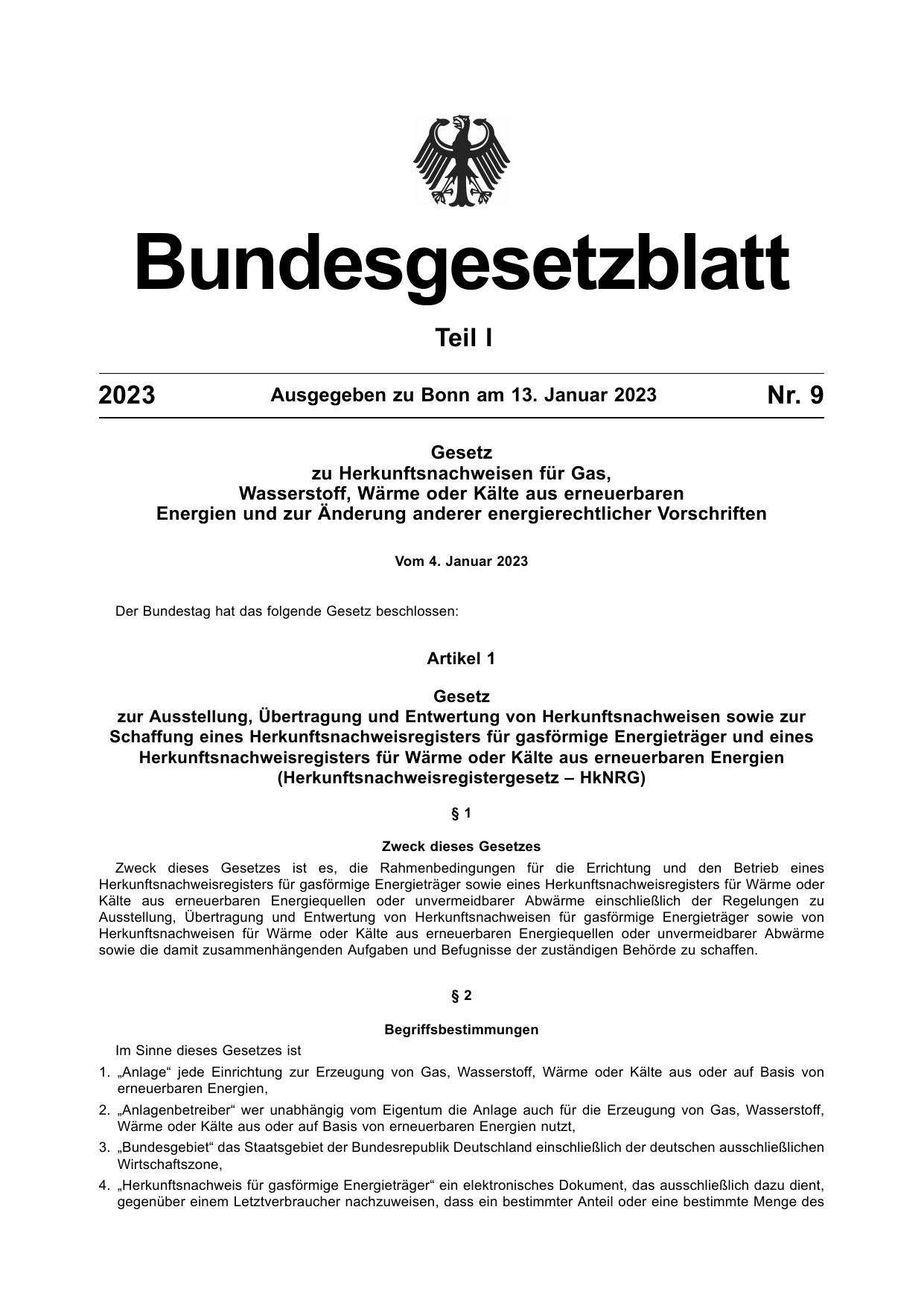 BGBl. 2023, Seite 1 — Originalseite als Abbildung