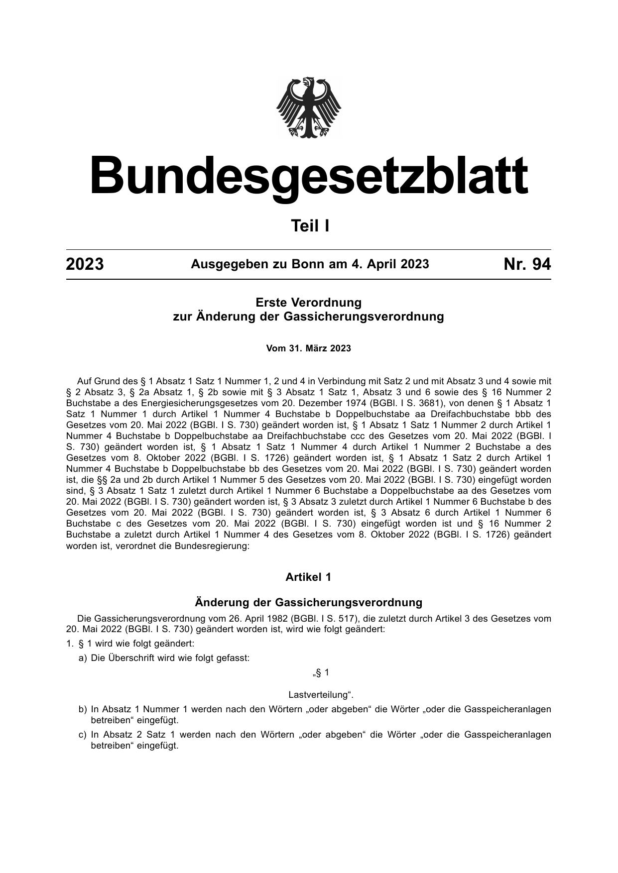BGBl. 2023, Seite 1 — Originalseite als Abbildung