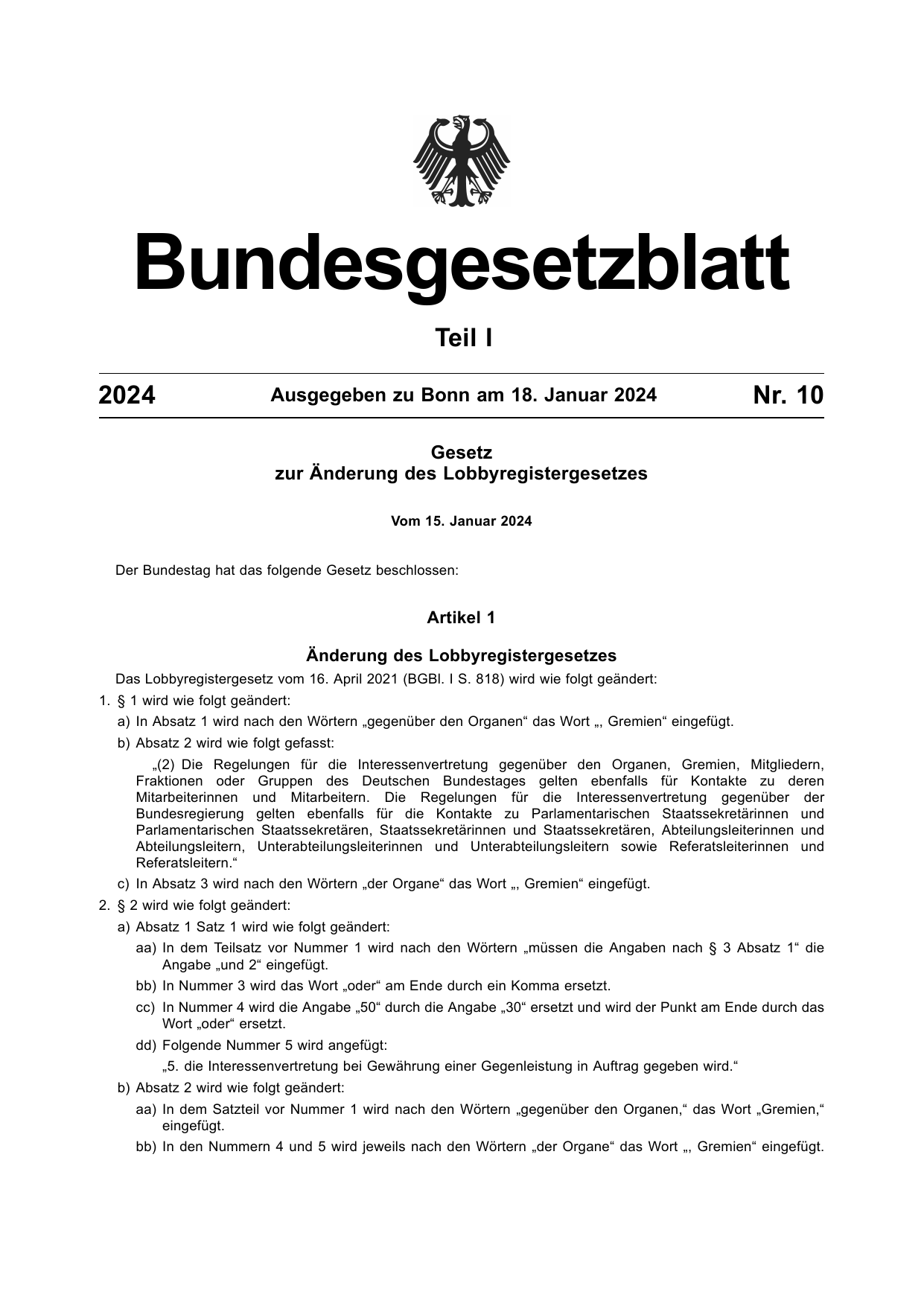 BGBl. 2024, Seite 1 — Originalseite als Abbildung