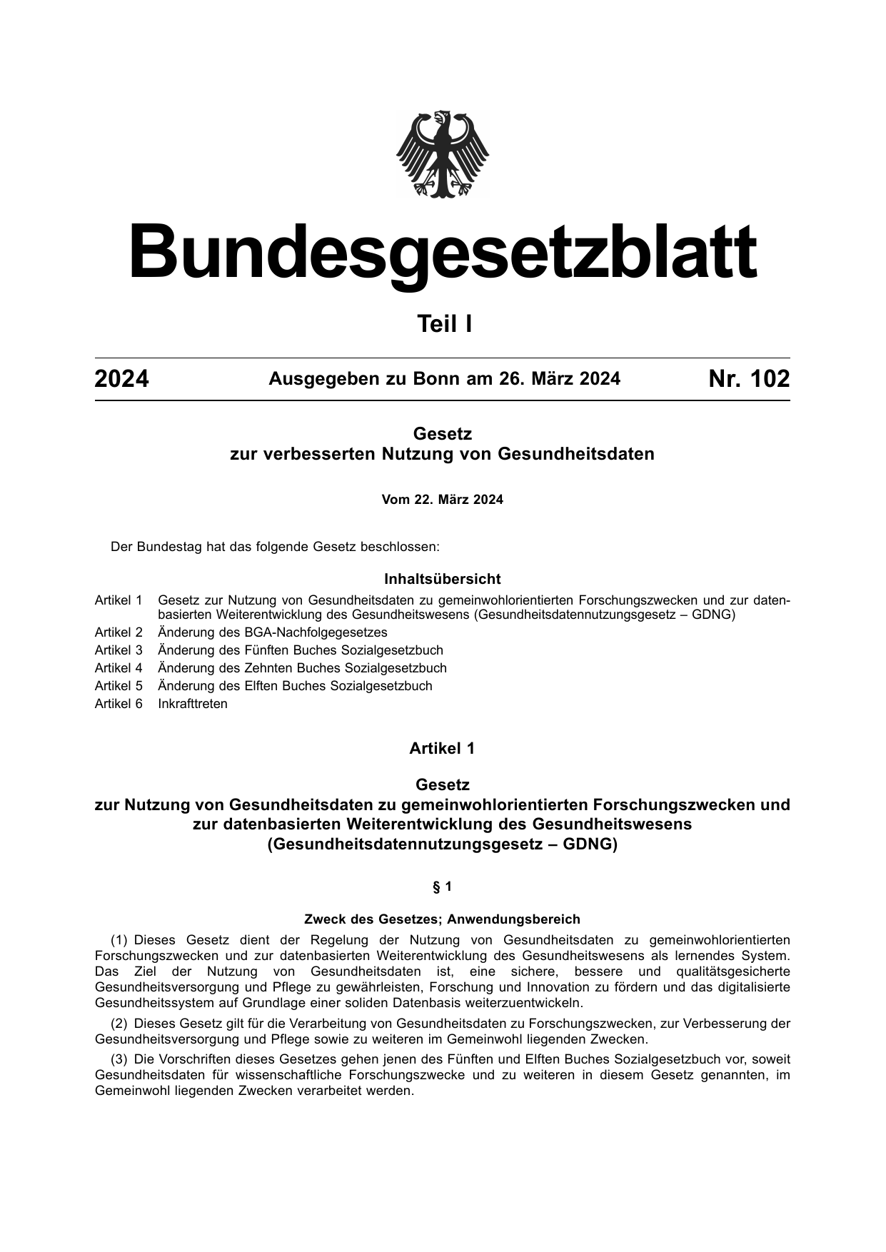 BGBl. 2024, Seite 1 — Originalseite als Abbildung