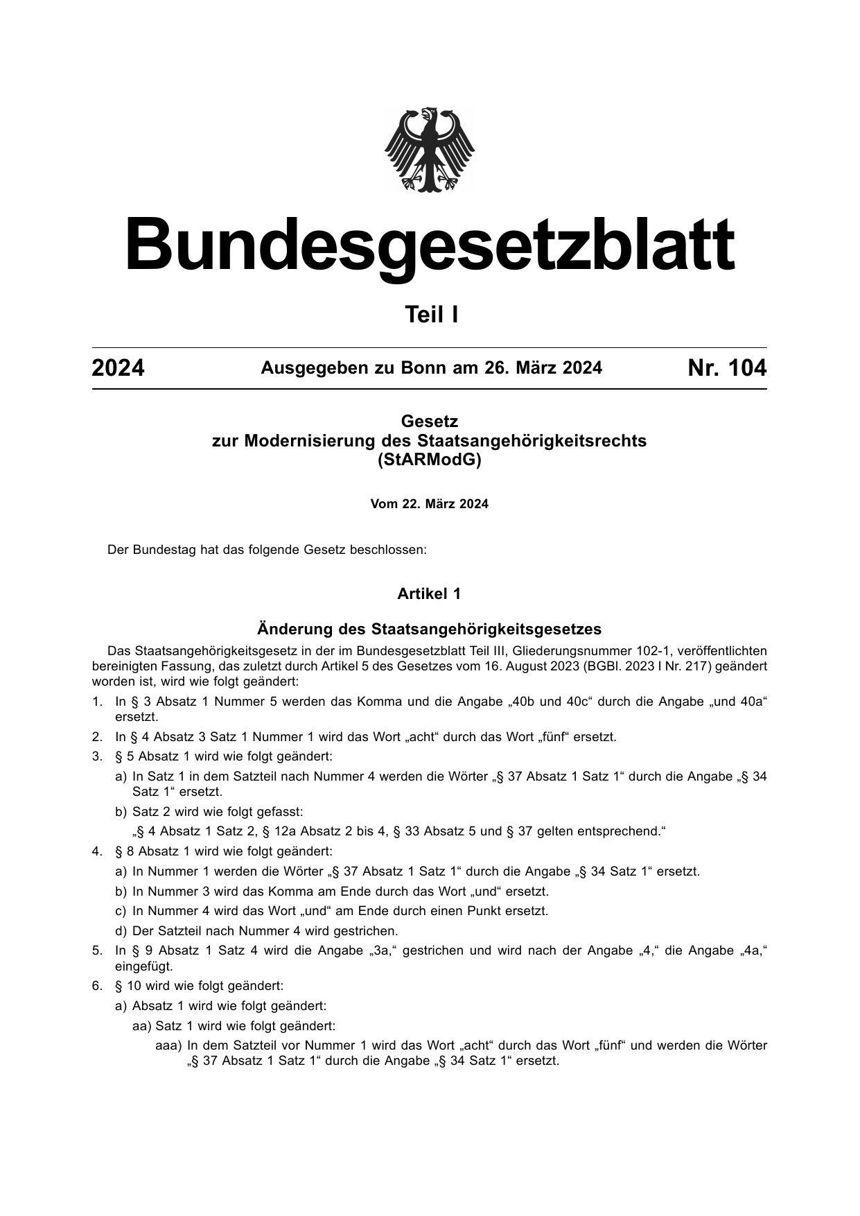 BGBl. 2024, Seite 1 — Originalseite als Abbildung
