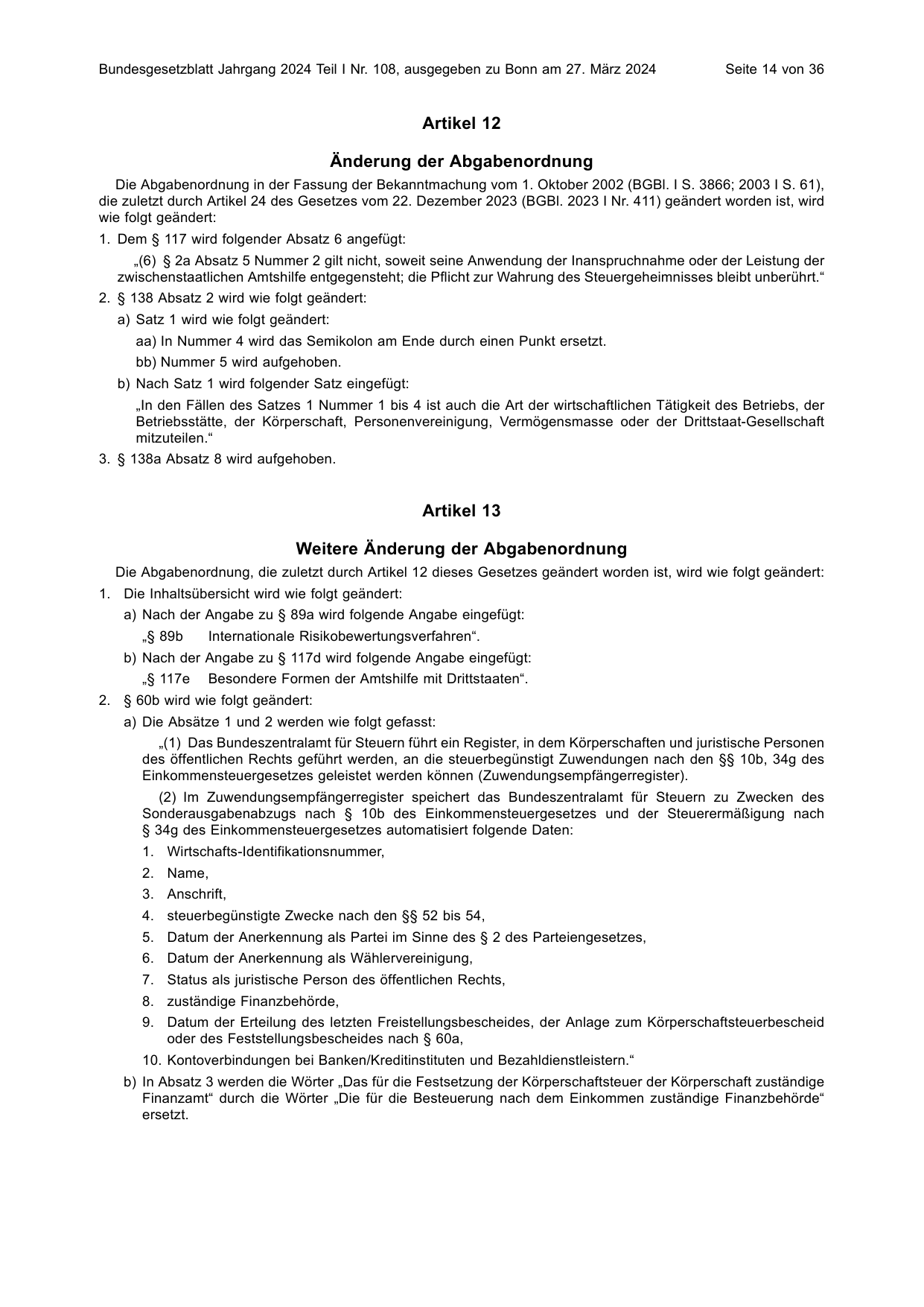 BGBl. 2024, Seite 14 — Originalseite als Abbildung