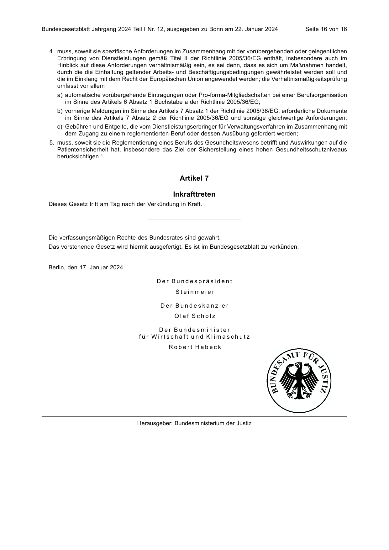 BGBl. 2024, Seite 16 — Originalseite als Abbildung