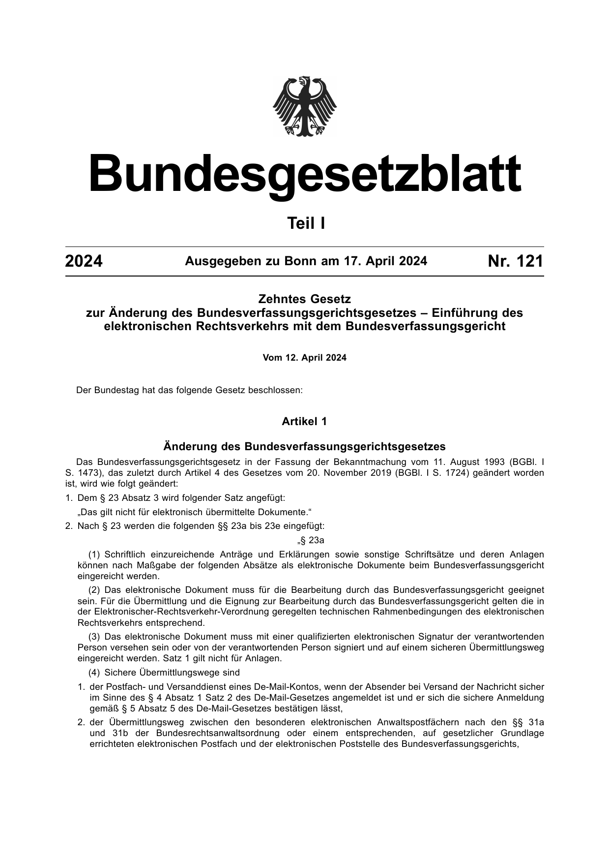 BGBl. 2024, Seite 1 — Originalseite als Abbildung