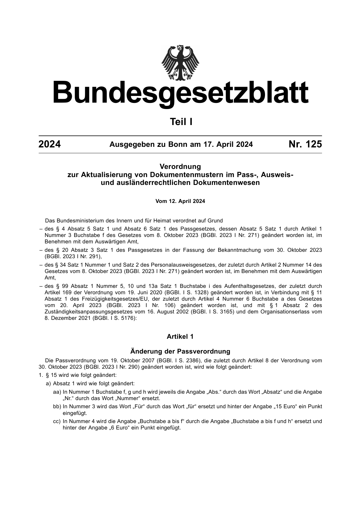 BGBl. 2024, Seite 1 — Originalseite als Abbildung