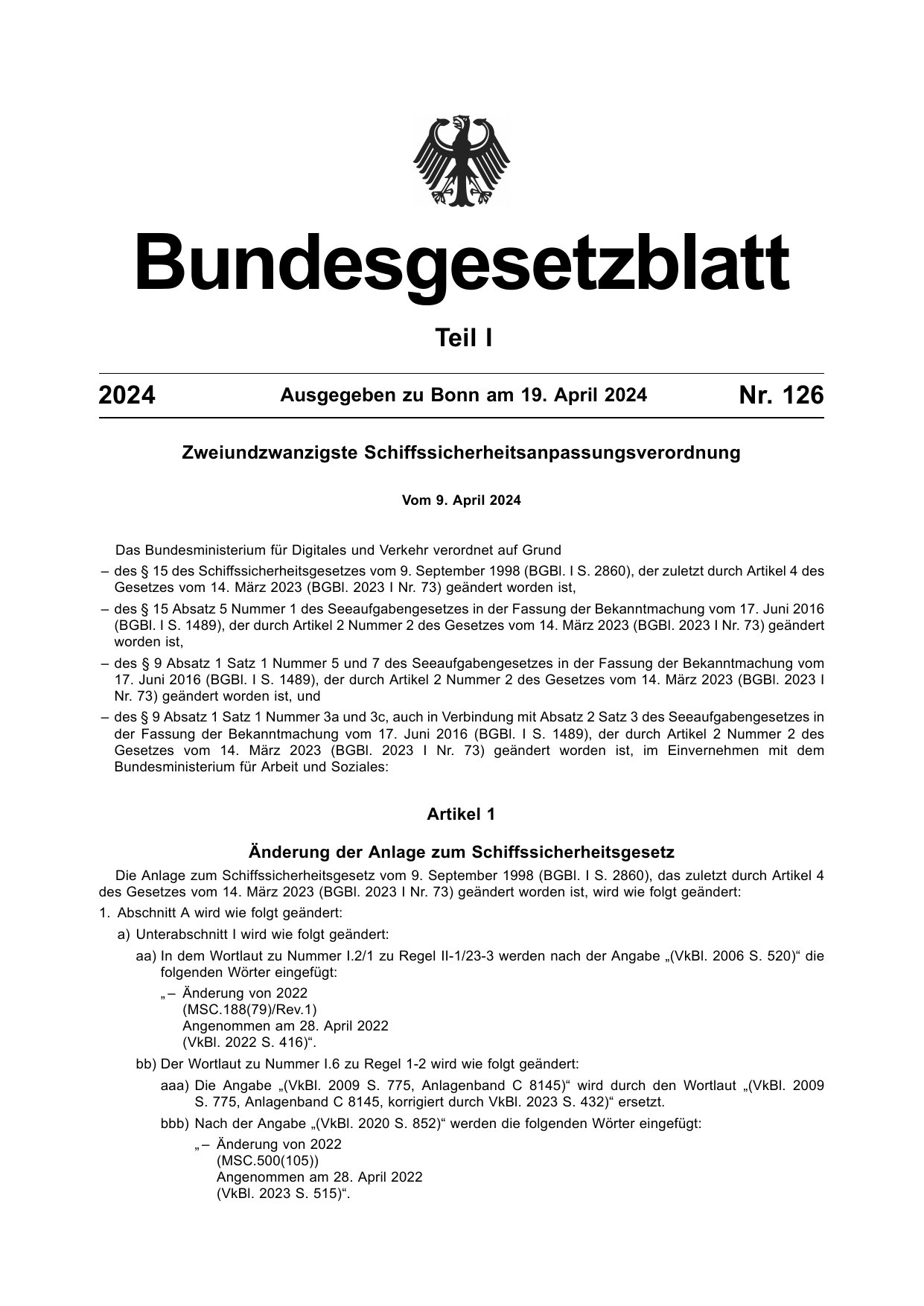 BGBl. 2024, Seite 1 — Originalseite als Abbildung