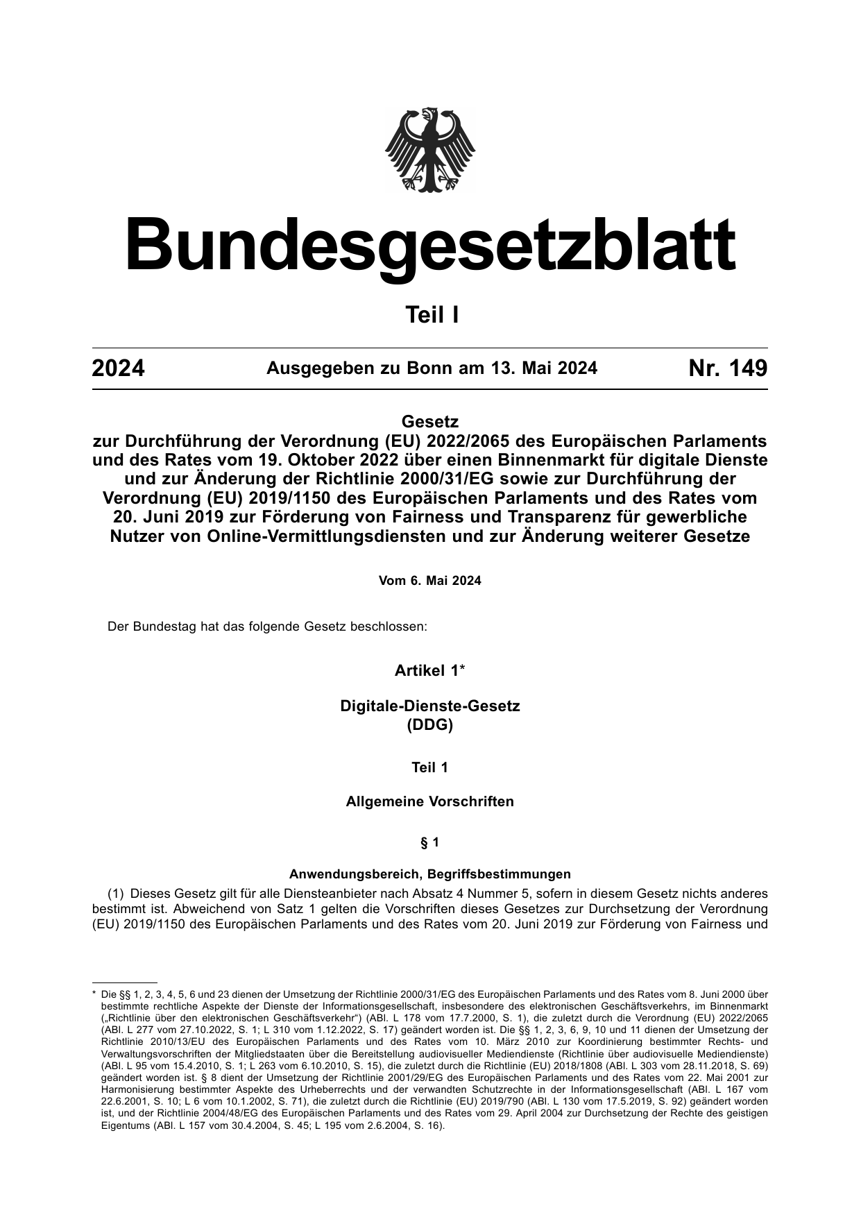 BGBl. 2024, Seite 1 — Originalseite als Abbildung