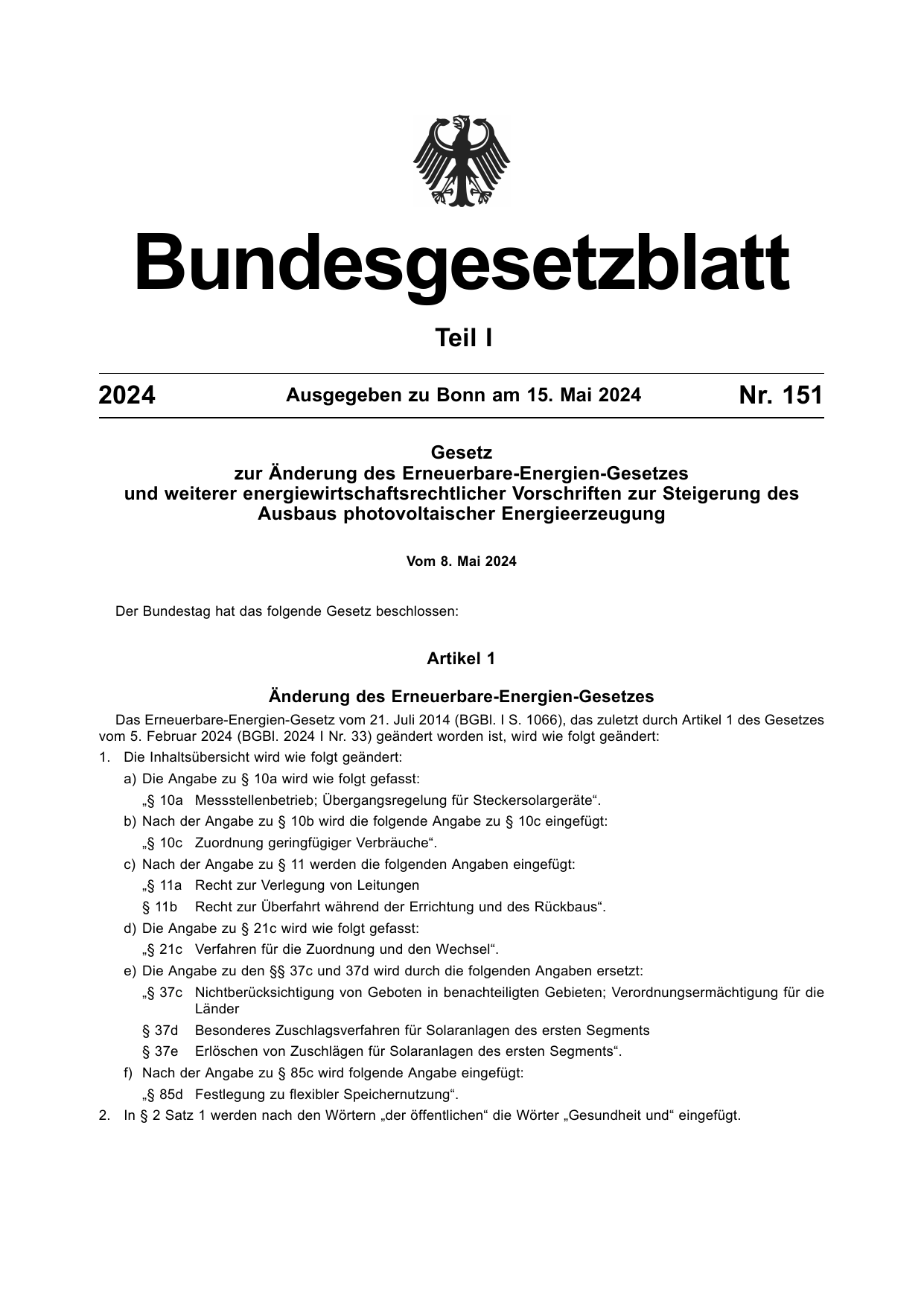 BGBl. 2024, Seite 1 — Originalseite als Abbildung