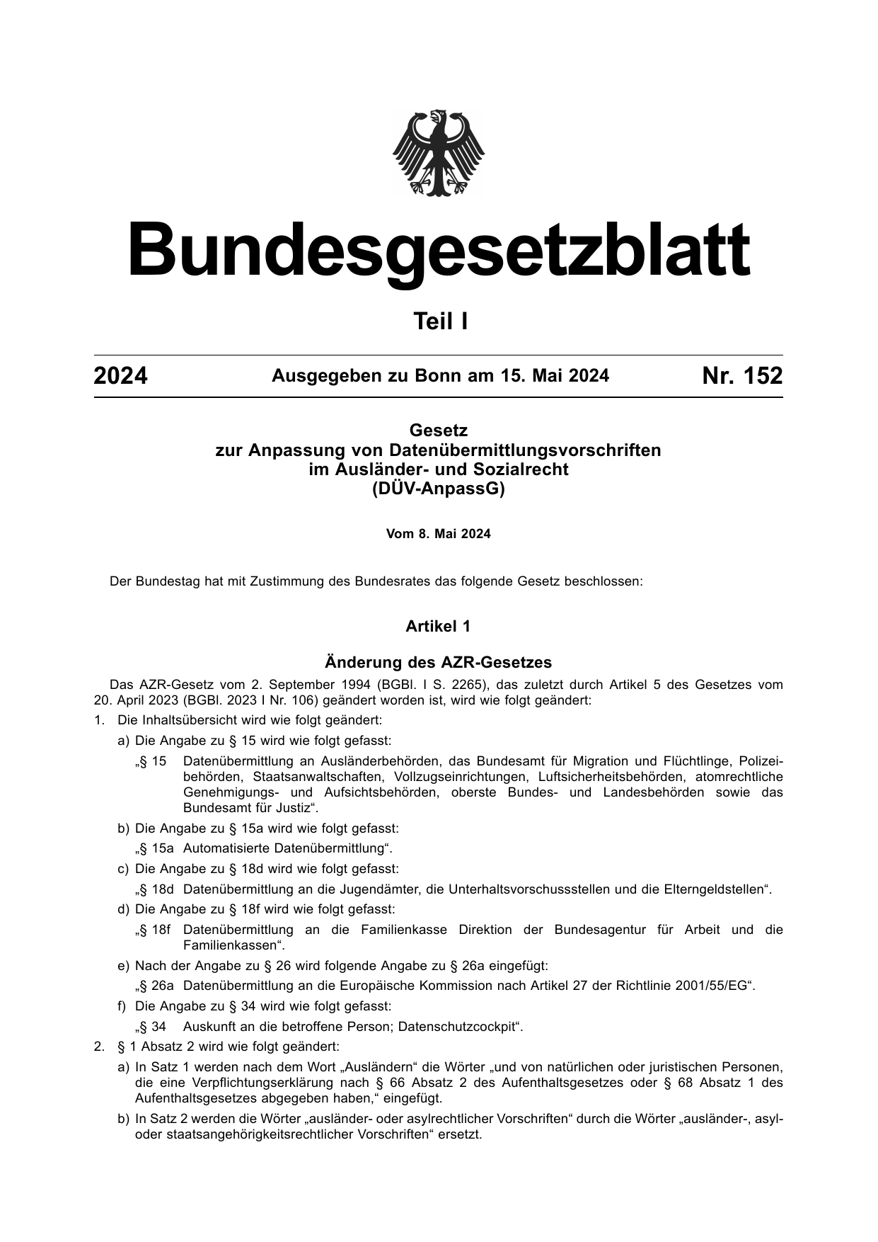 BGBl. 2024, Seite 1 — Originalseite als Abbildung