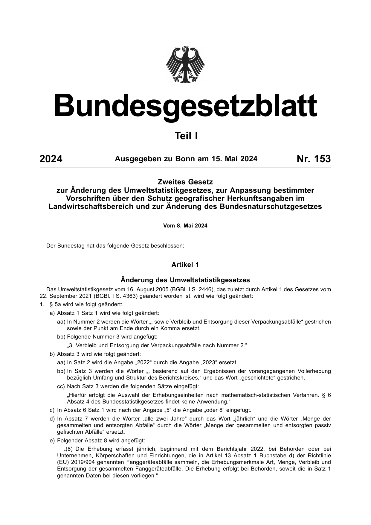 BGBl. 2024, Seite 1 — Originalseite als Abbildung