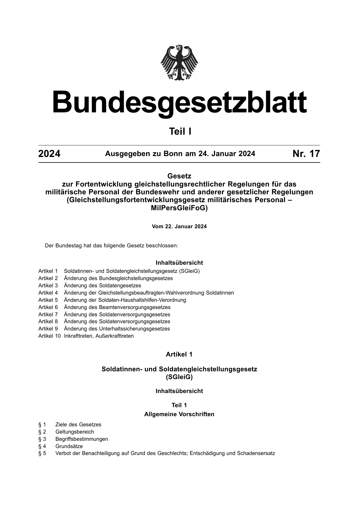 BGBl. 2024, Seite 1 — Originalseite als Abbildung