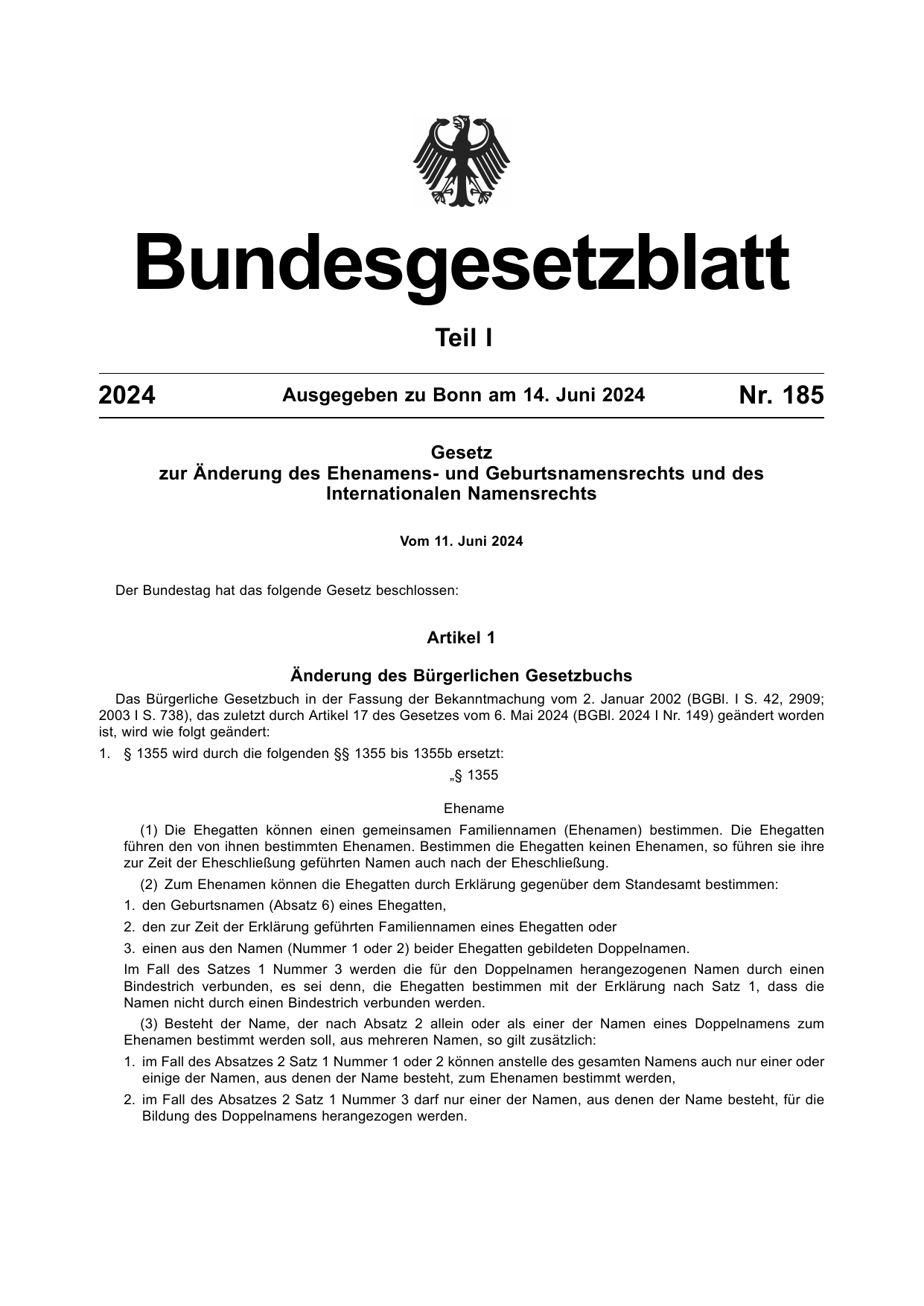 BGBl. 2024, Seite 1 — Originalseite als Abbildung