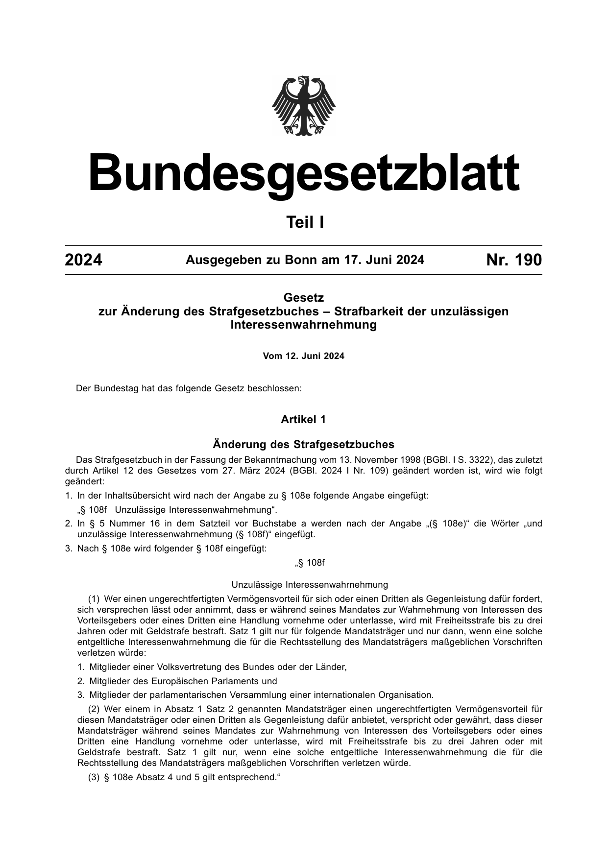 BGBl. 2024, Seite 1 — Originalseite als Abbildung