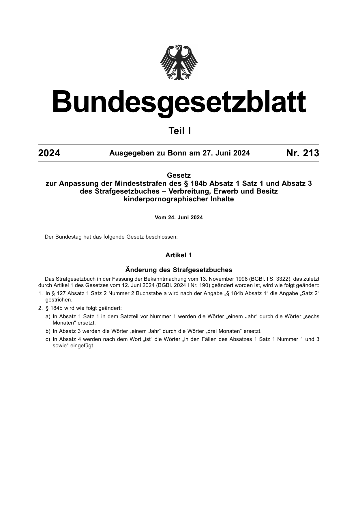 BGBl. 2024, Seite 1 — Originalseite als Abbildung