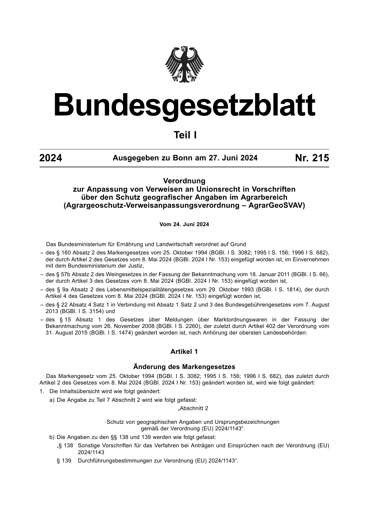 BGBl. 2024, Seite 1 — Originalseite als Abbildung