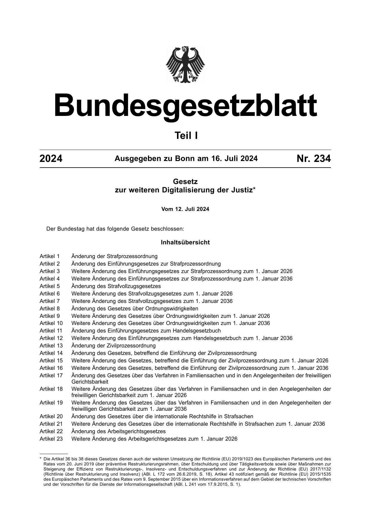 BGBl. 2024, Seite 1 — Originalseite als Abbildung