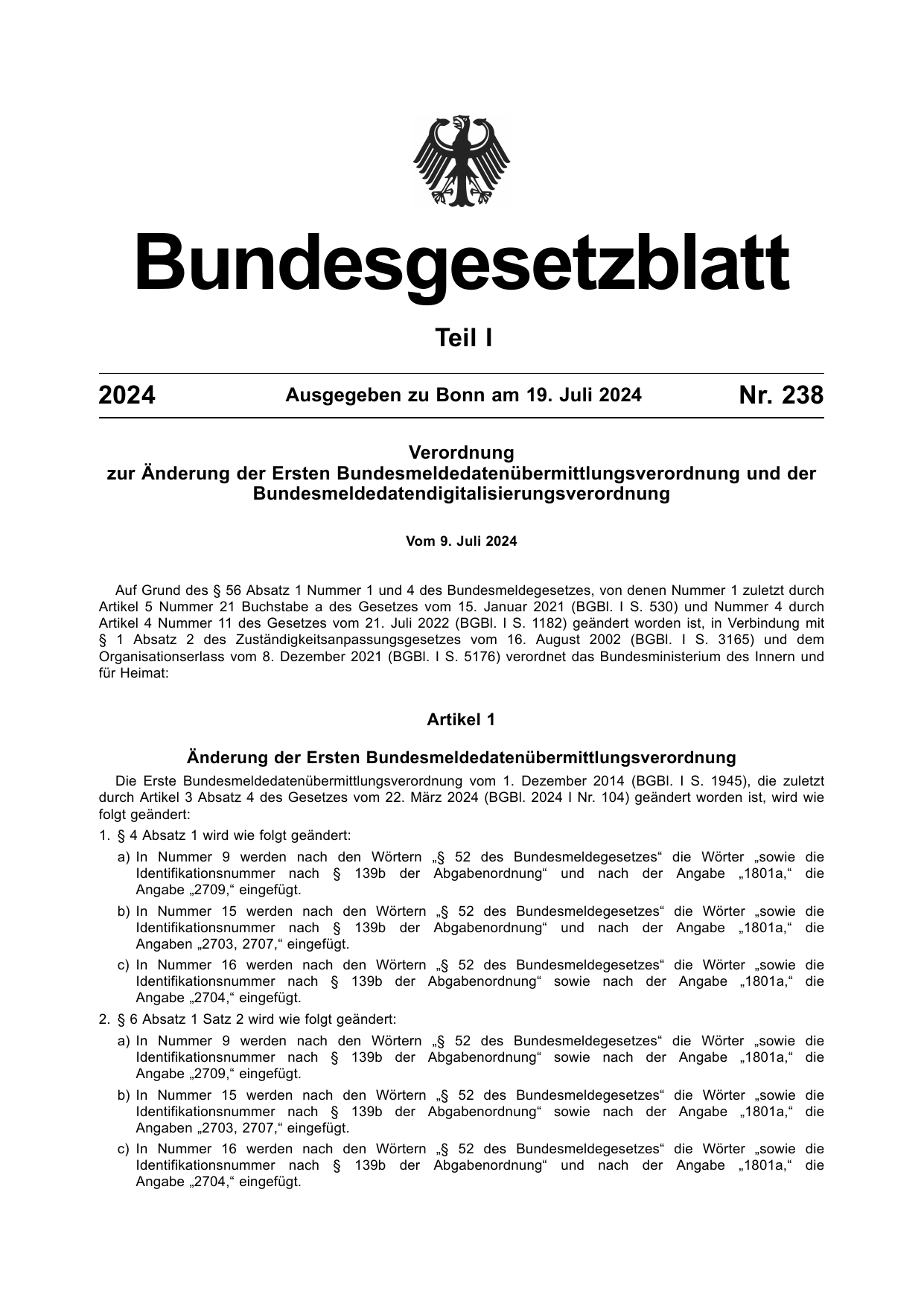 BGBl. 2024, Seite 1 — Originalseite als Abbildung