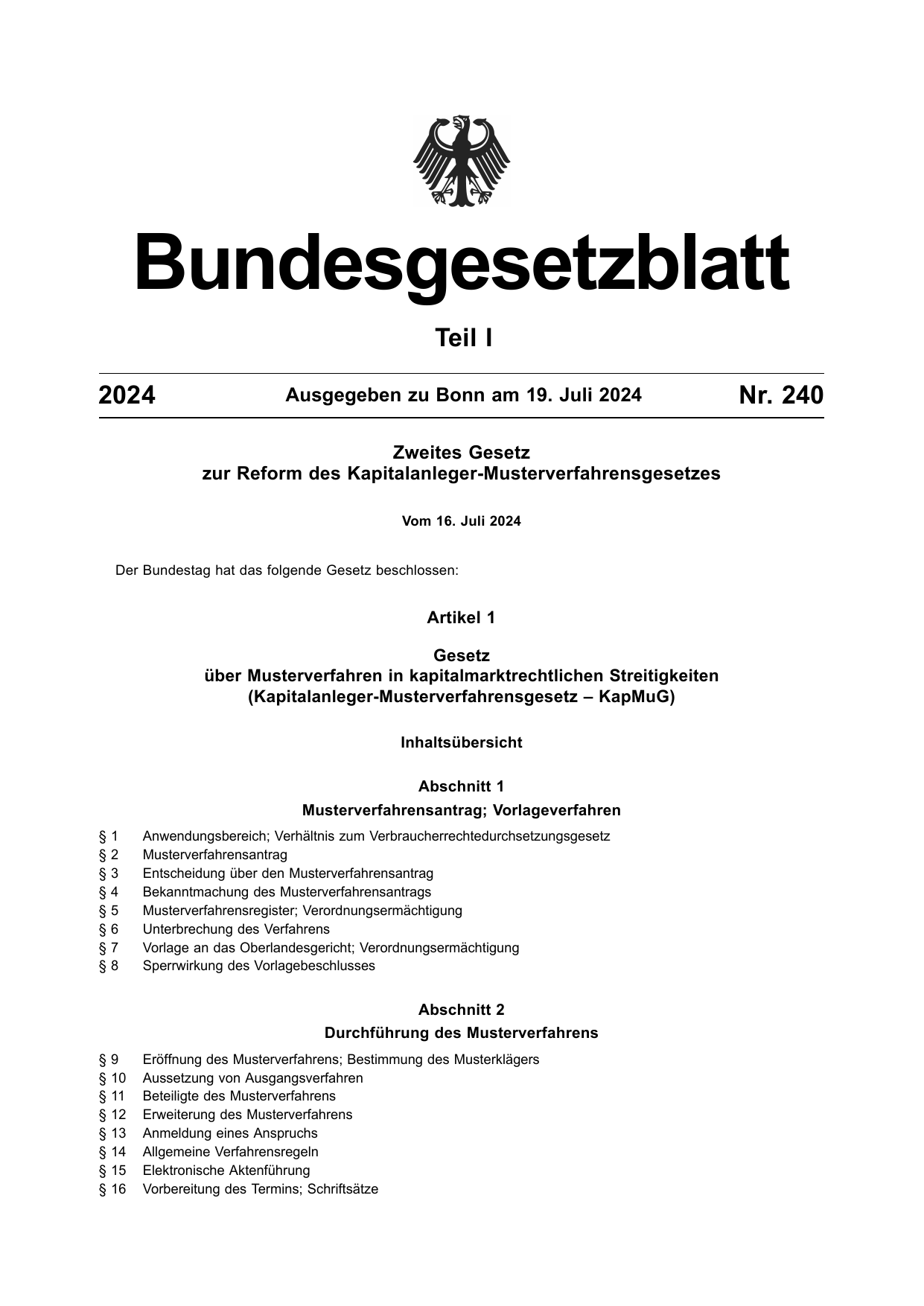 BGBl. 2024, Seite 1 — Originalseite als Abbildung