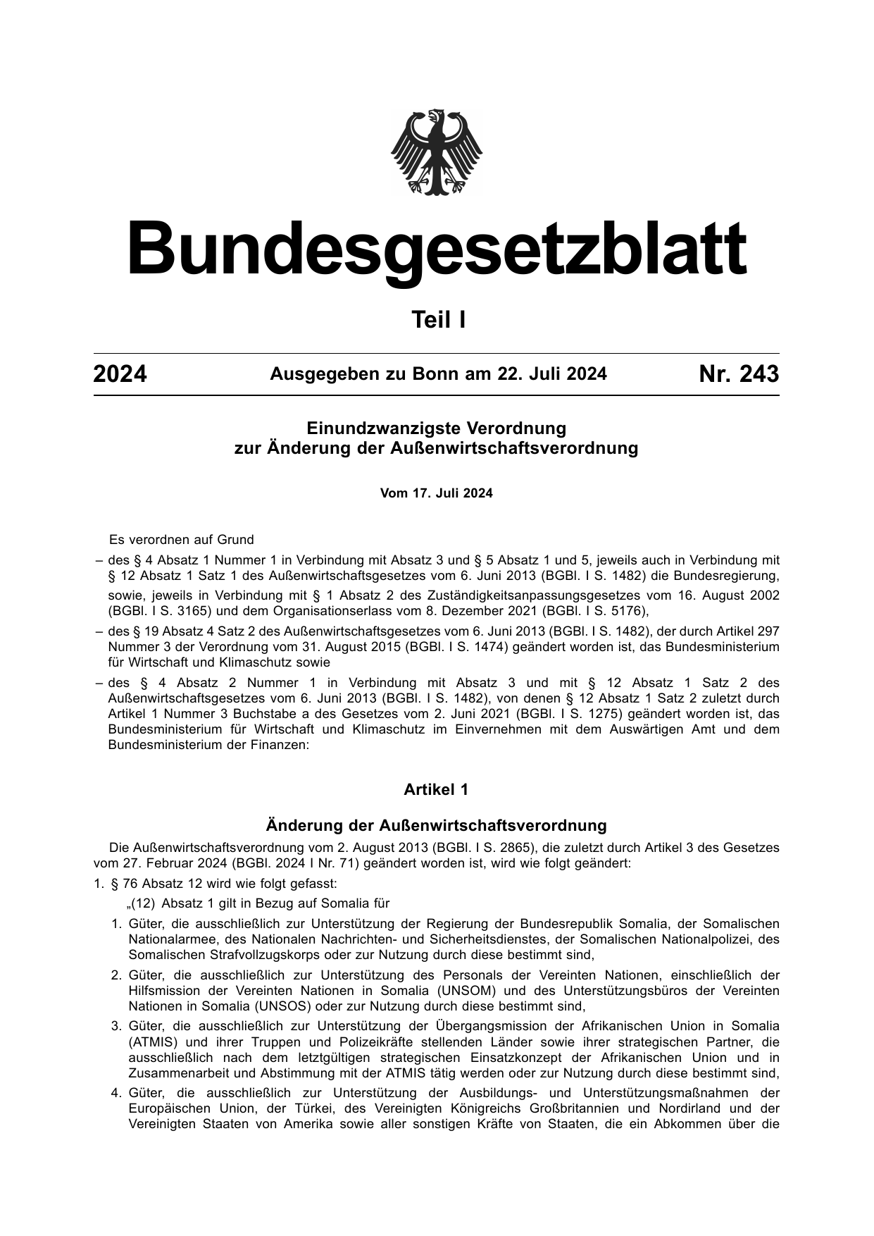 BGBl. 2024, Seite 1 — Originalseite als Abbildung