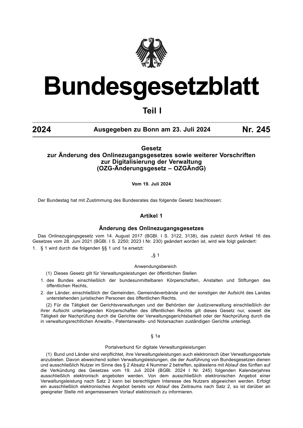 BGBl. 2024, Seite 1 — Originalseite als Abbildung