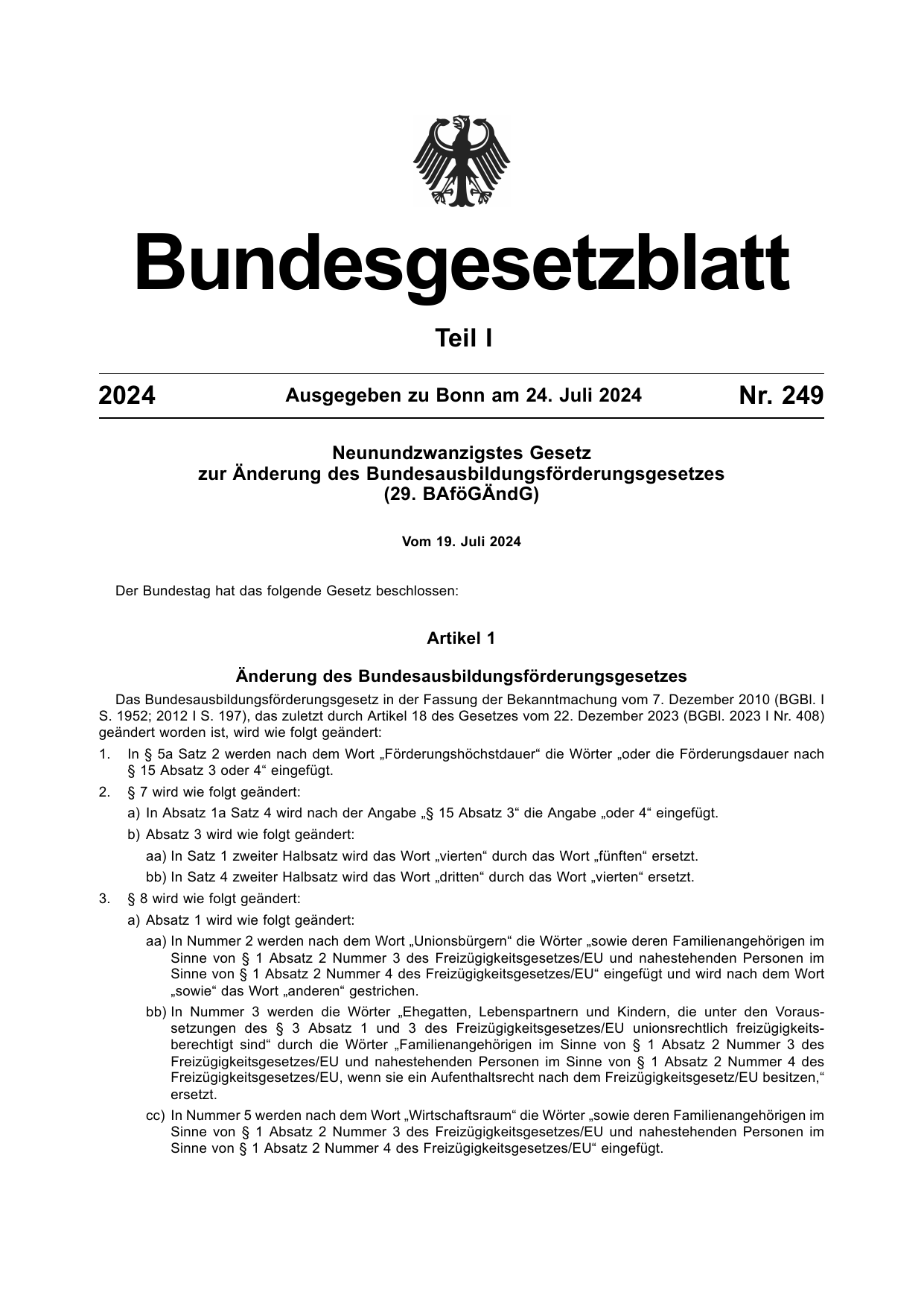 BGBl. 2024, Seite 1 — Originalseite als Abbildung