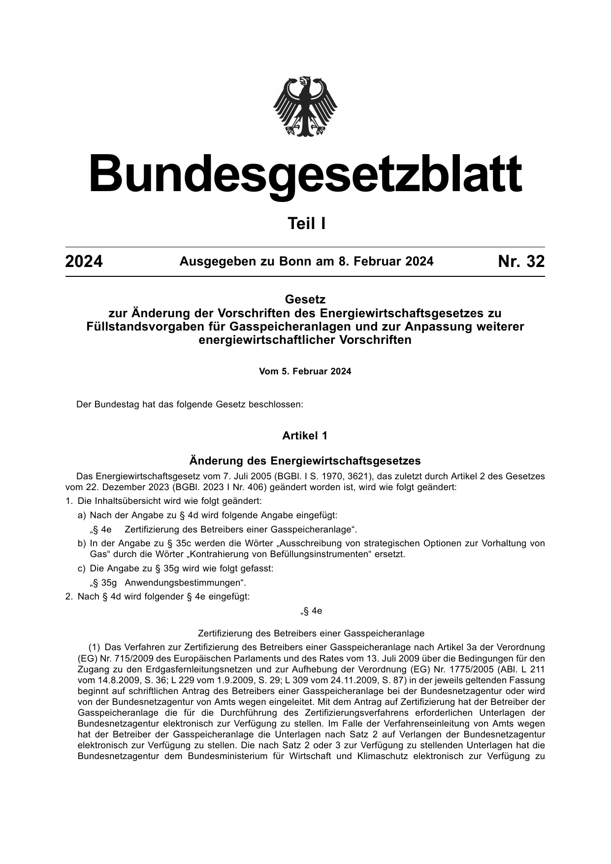 BGBl. 2024, Seite 1 — Originalseite als Abbildung