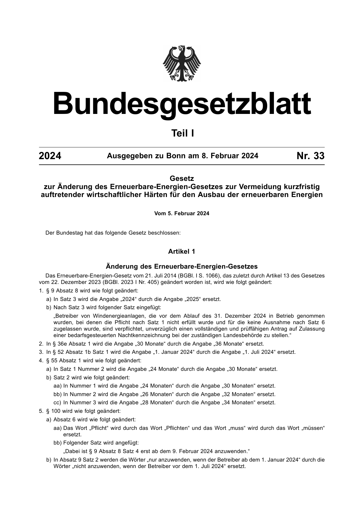 BGBl. 2024, Seite 1 — Originalseite als Abbildung