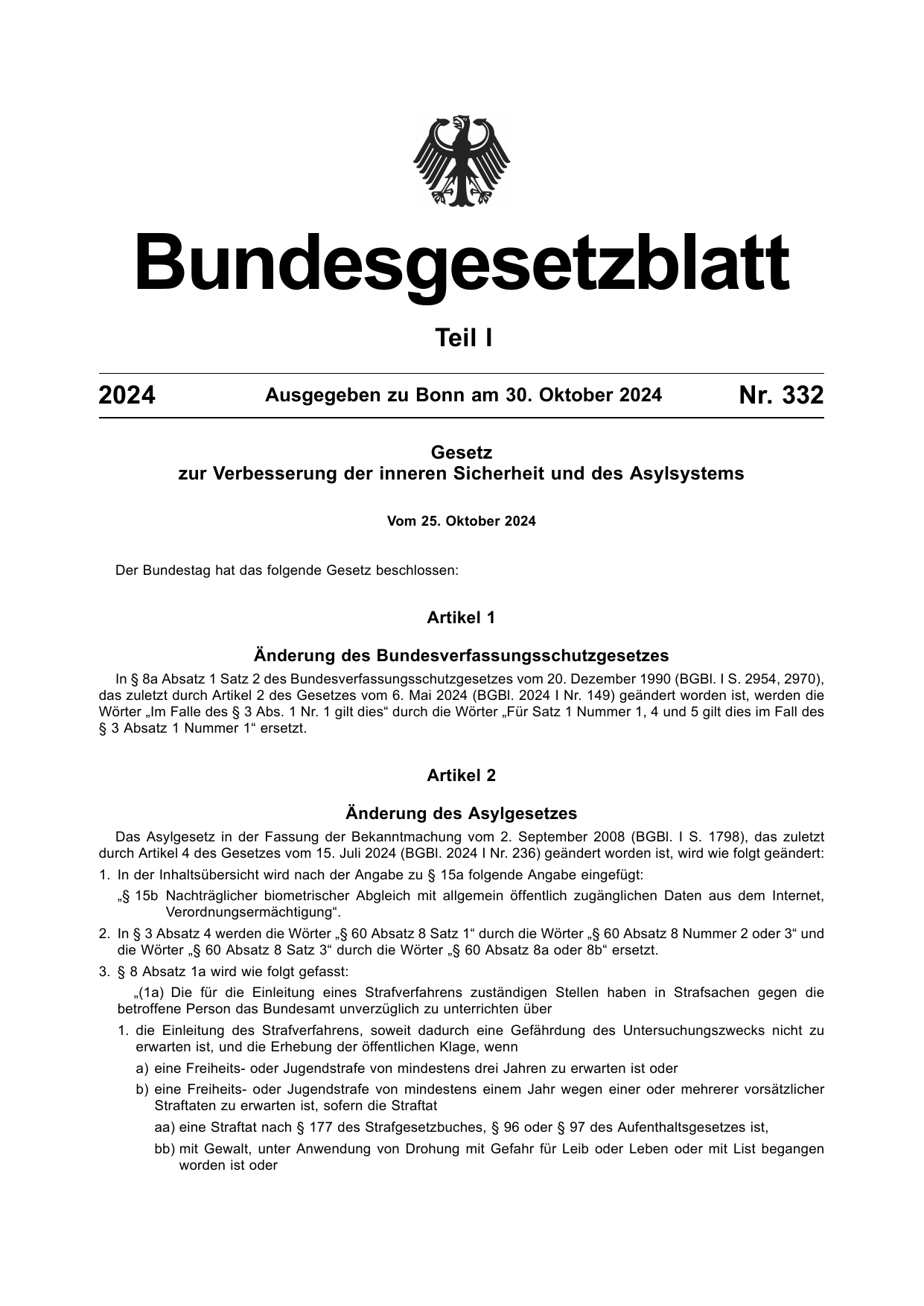 BGBl. 2024, Seite 1 — Originalseite als Abbildung