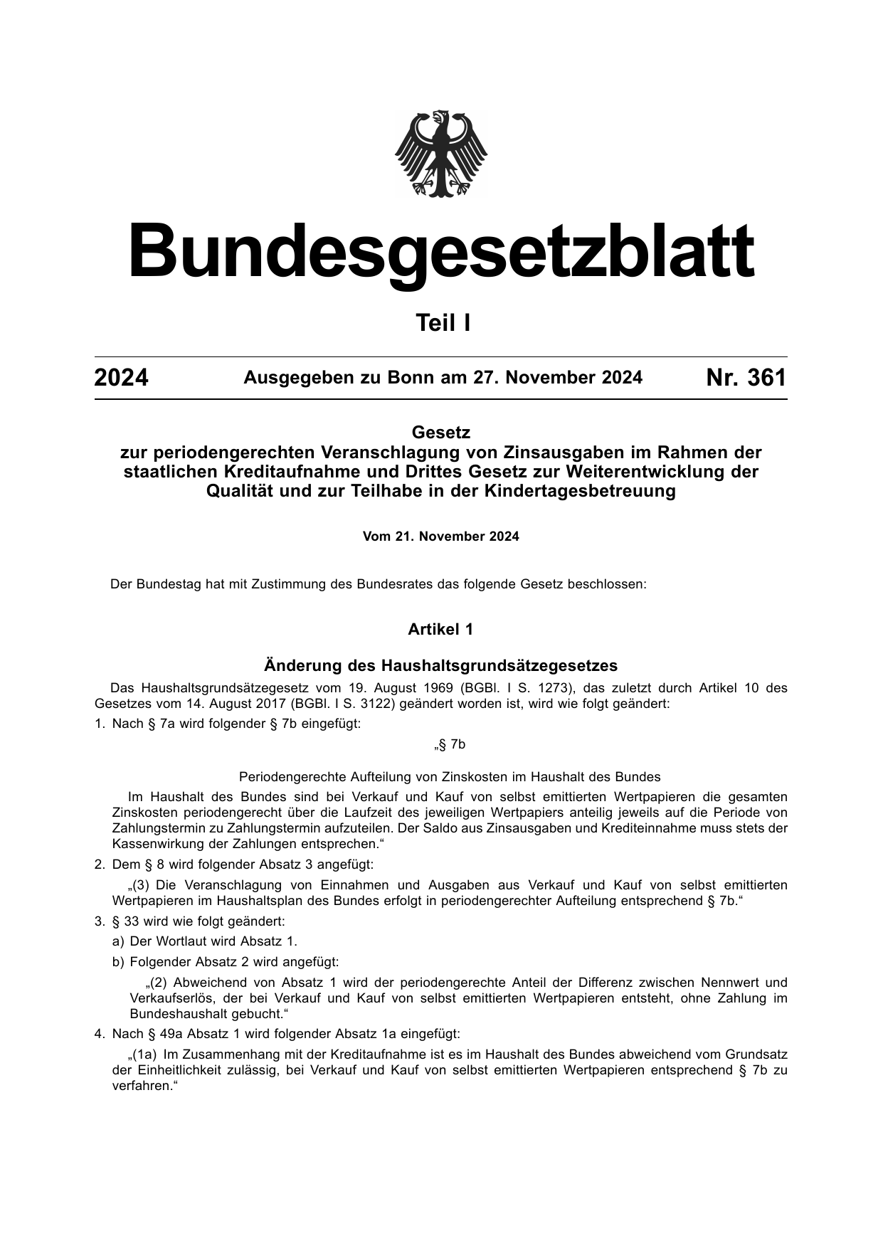 BGBl. 2024, Seite 1 — Originalseite als Abbildung