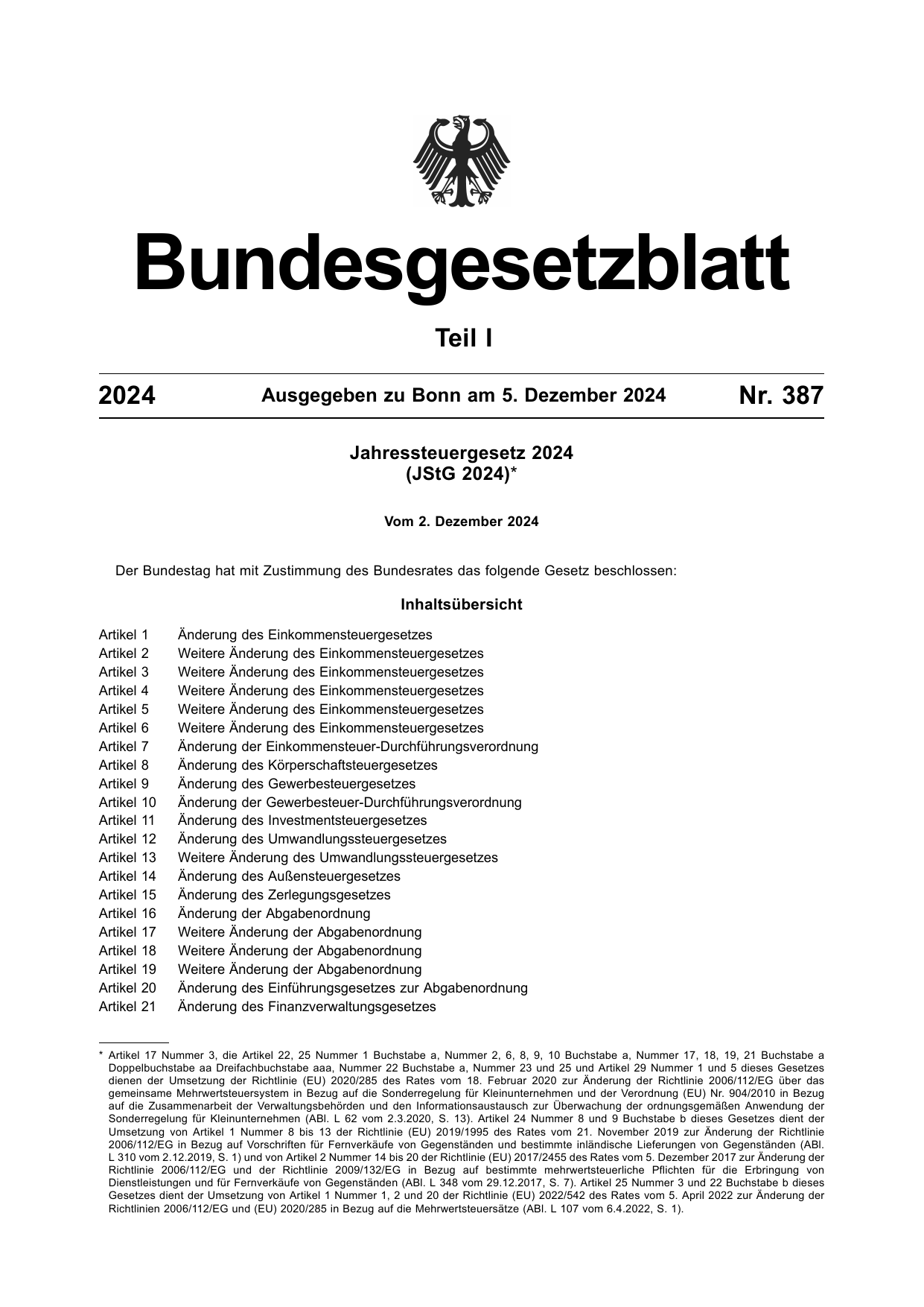 BGBl. 2024, Seite 1 — Originalseite als Abbildung