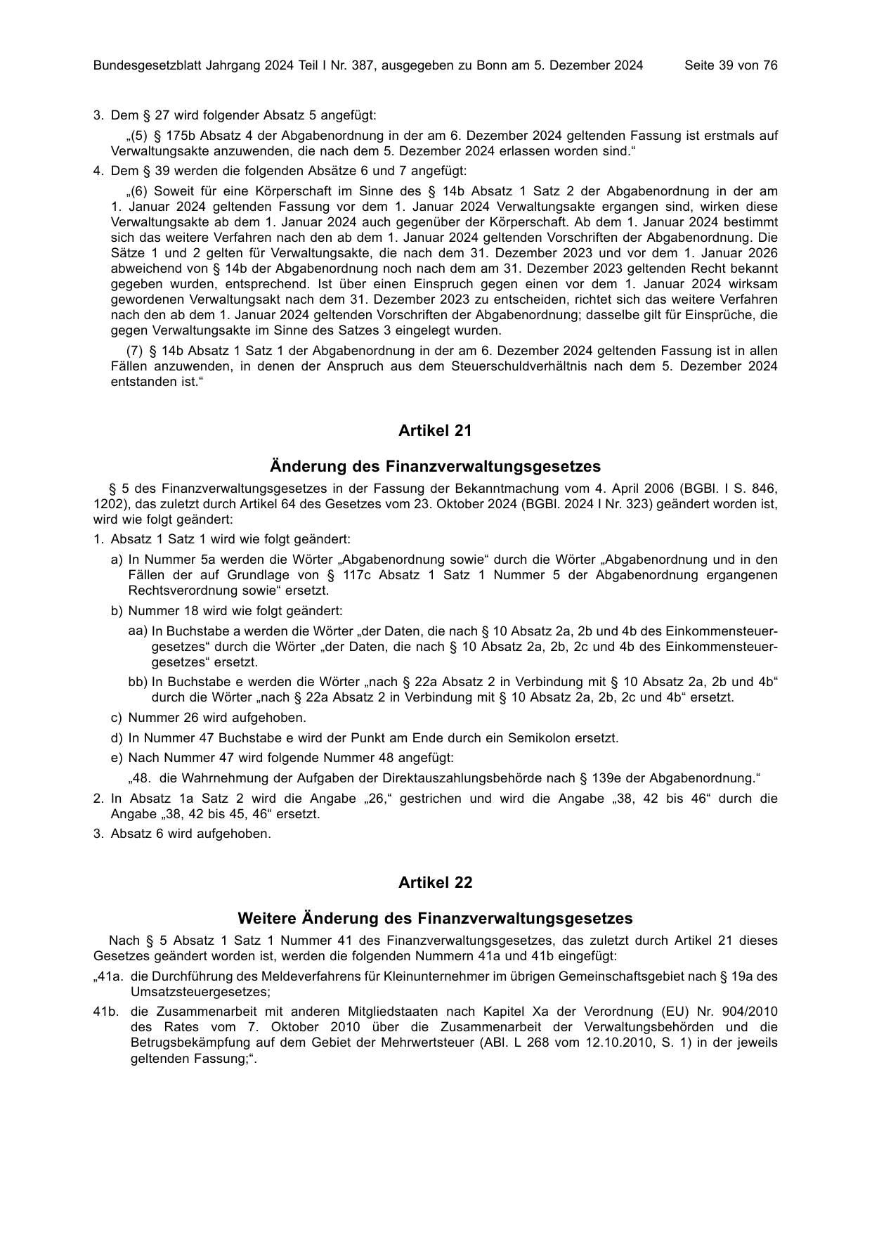 BGBl. 2024, Seite 39 — Originalseite als Abbildung