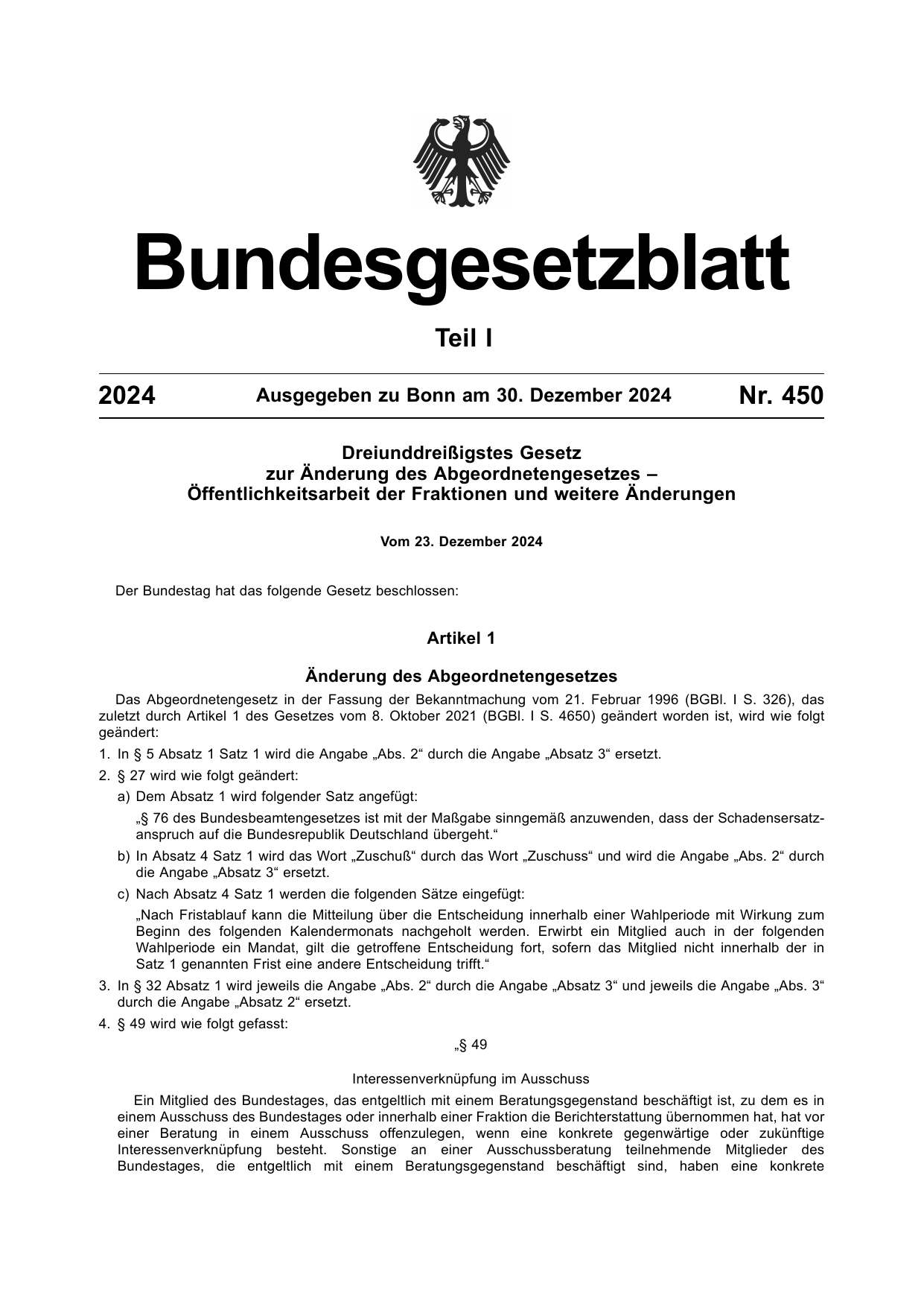 BGBl. 2024, Seite 1 — Originalseite als Abbildung
