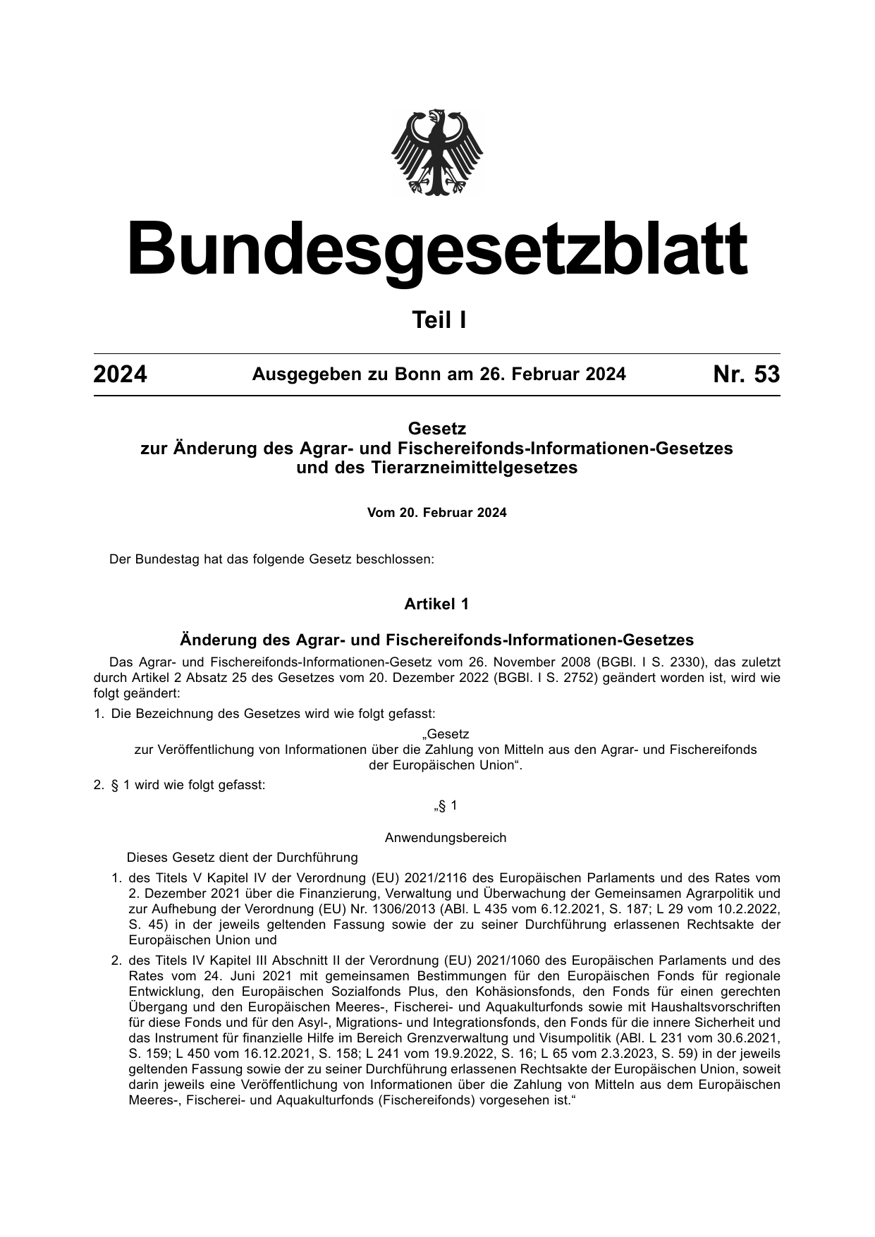 BGBl. 2024, Seite 1 — Originalseite als Abbildung